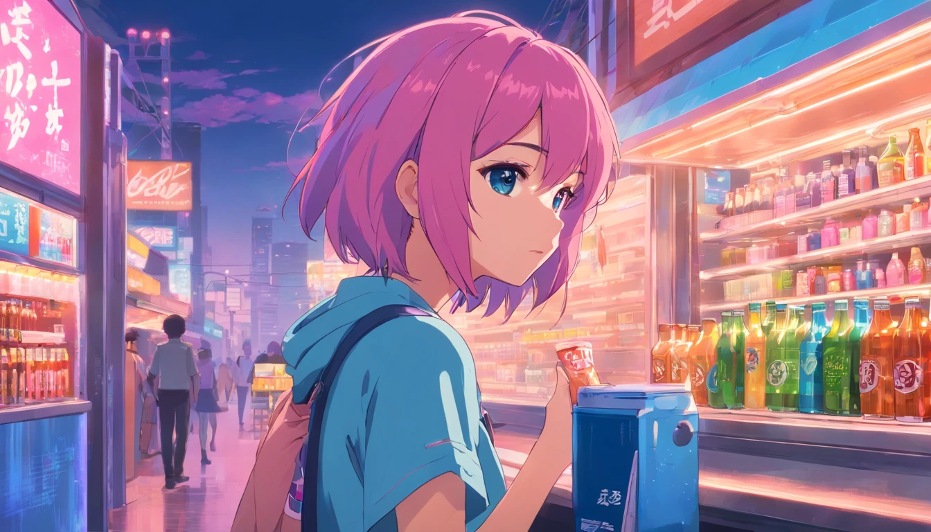 garota de cabelo rosa e azul, bebendo refrigerante, inspirado em anime dos anos 90, cidade cyberpunk, lofi, colorido, drinking soda, pink hair, blue hair