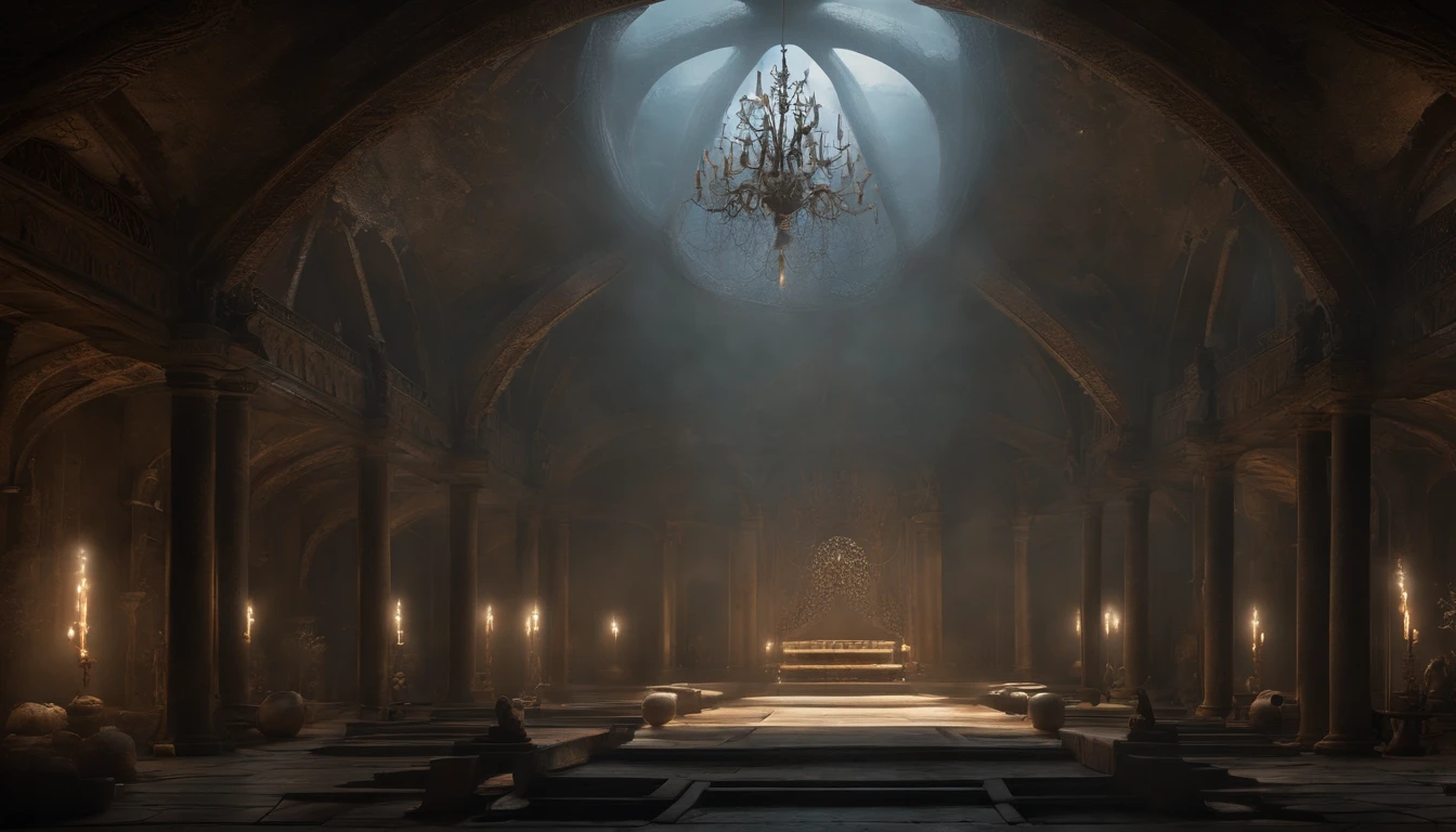 Krenz Kchart Style、Surrounded by a large hall made of pottery and skeletons、Rays from Heaven、strong contrasts、Foggy space、Mystery and horror、Large space、Empty space、Heralding the end of an evil night、Quantum light source