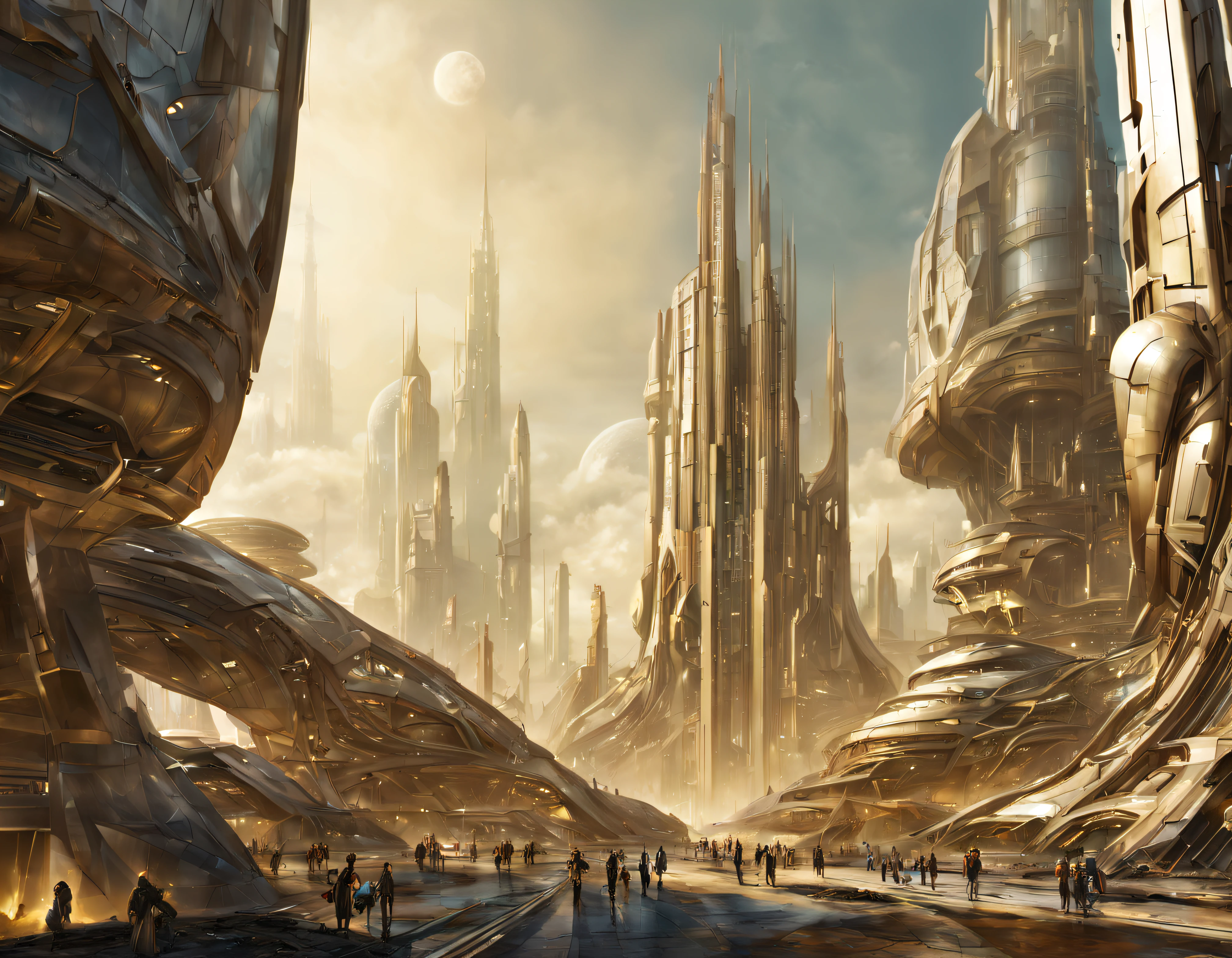 On an unknown planet there is a fantasy futuristic city with immense buildings of technological design que forman una infinita avenida, con estructuras acristaladas en plata, oro y bronce espectaculares. con colores vivos. pavimento ensolado sin brillo. gente paseando. similar a coruscant. imagen bien definida con muchos edificios juntos.