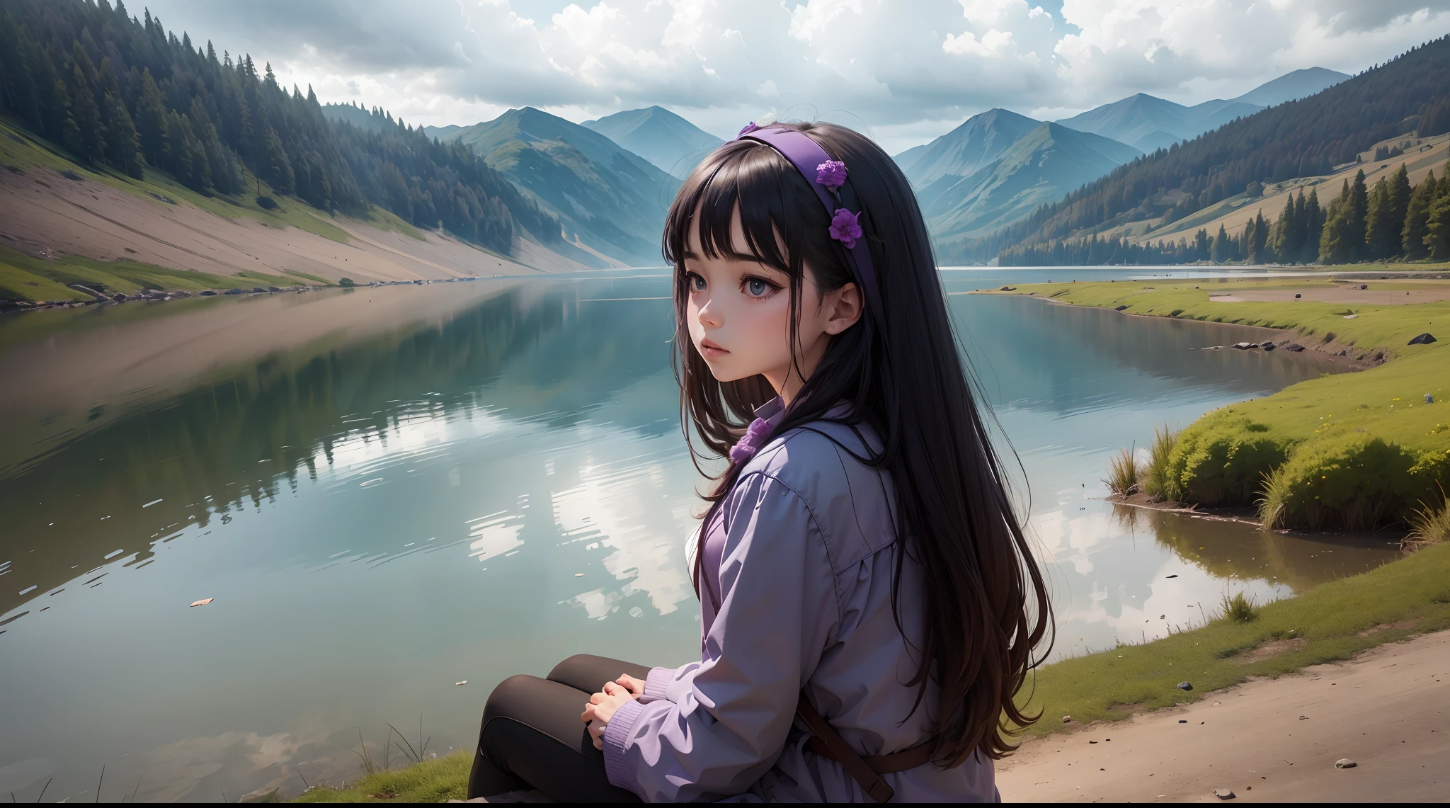 vast water, lake, a girl sitting by the lake, melancholy, raining, gloomy, purple grass, water, cloudy sky, beautiful sky, windy