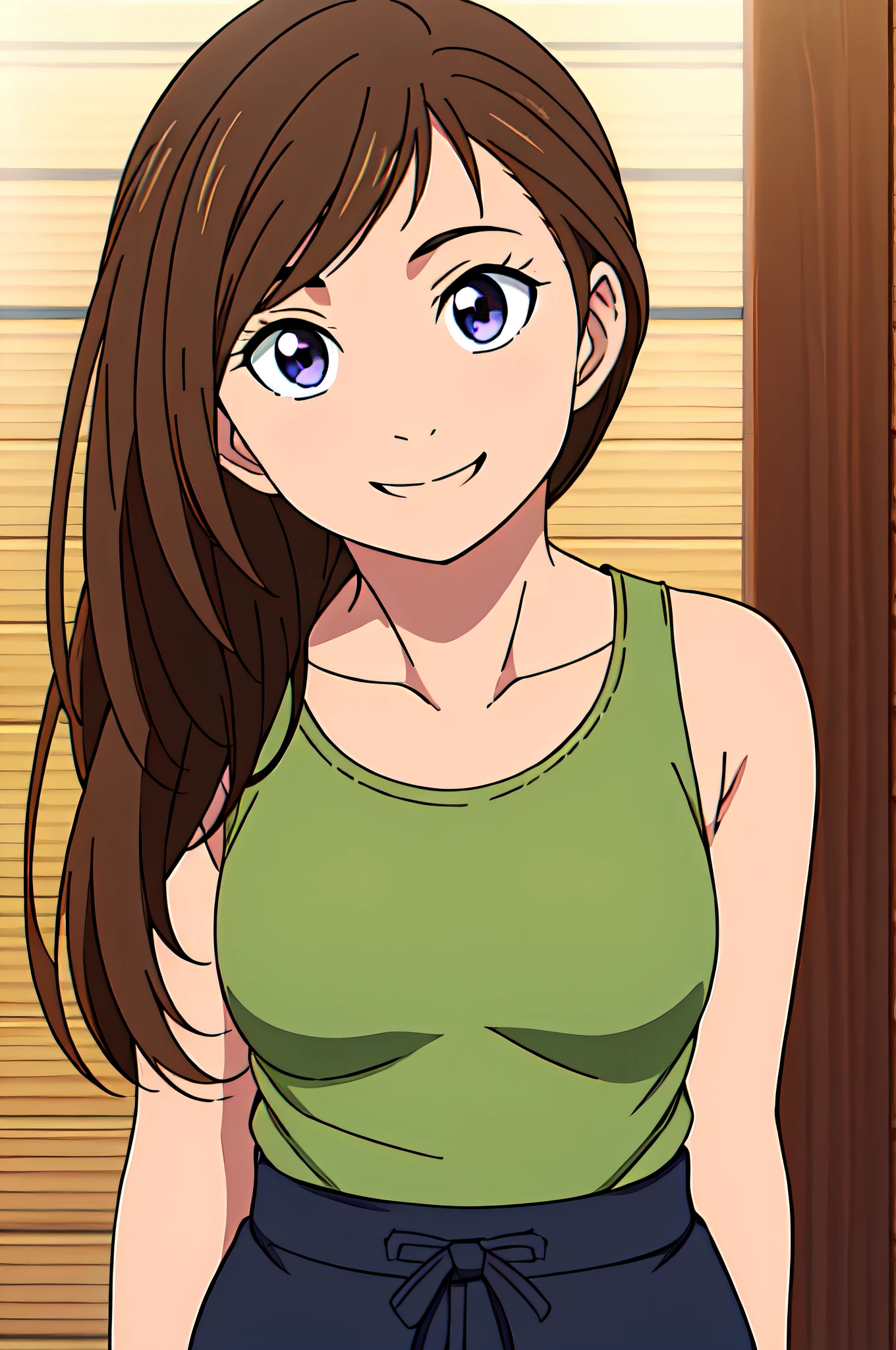 HAYAMAGARI, 1GIRL, TANK TOP, SHORTS, solo, upper body, facing viewer, looking at viewer, smile.