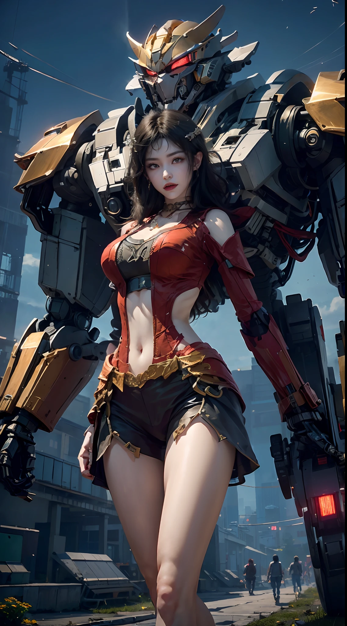 miling minchen, aburdes, (mouth:1.16) closed, balanced eyes, (Best quality details:1.2),realistic,8K High definition,Ultra Detailed,High quality texture,intricate details,detailed texture, finely detailed, high detail, extremely detailed high quality texture cg, high quality shadows, ((masterpiece, best quality)), illustrations, ultra-detailed 8K, realistic, clear focus, highly detailed, professional lighting, colorful details, iridescent colors BREAK factory super long lens, large mechanical robot structure, microchips, computers, luminescence, intricate details, Shitu-Mecha, 1girl standing in front of the audience, navel