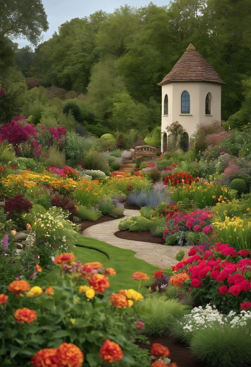 Create an image that represents a well-kept garden that is sustainable, with well-disposed, healthy and diverse colorful flowering plants, nutrient-rich soil, efficient irrigation methods, and a thoughtful gardening couple applying gardening tips for success. The image must convey the idea of balance and sustainability. realist