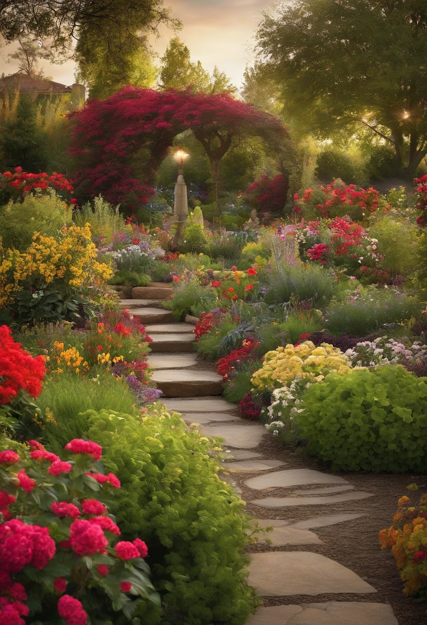 Create an image that represents a well-kept garden that is sustainable, with well-disposed, healthy and diverse colorful flowering plants, nutrient-rich soil, efficient irrigation methods, and a thoughtful gardening couple applying gardening tips for success. The image must convey the idea of balance and sustainability. realist