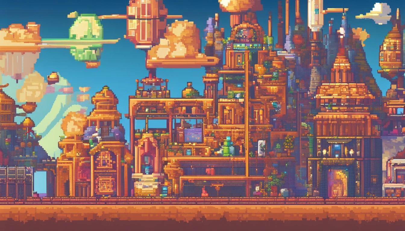 Pixel art, Incredible pixel art details. Pixel art. Detailed unreal engine, Imagine a mesmerizing painting of a fantastic realm that exists in 5-dimensional space, where gravity, time, and perception transcend conventional boundaries. Bring this extraordinary world to life and let your creativity soar. Like the warp space of a time machine ride.