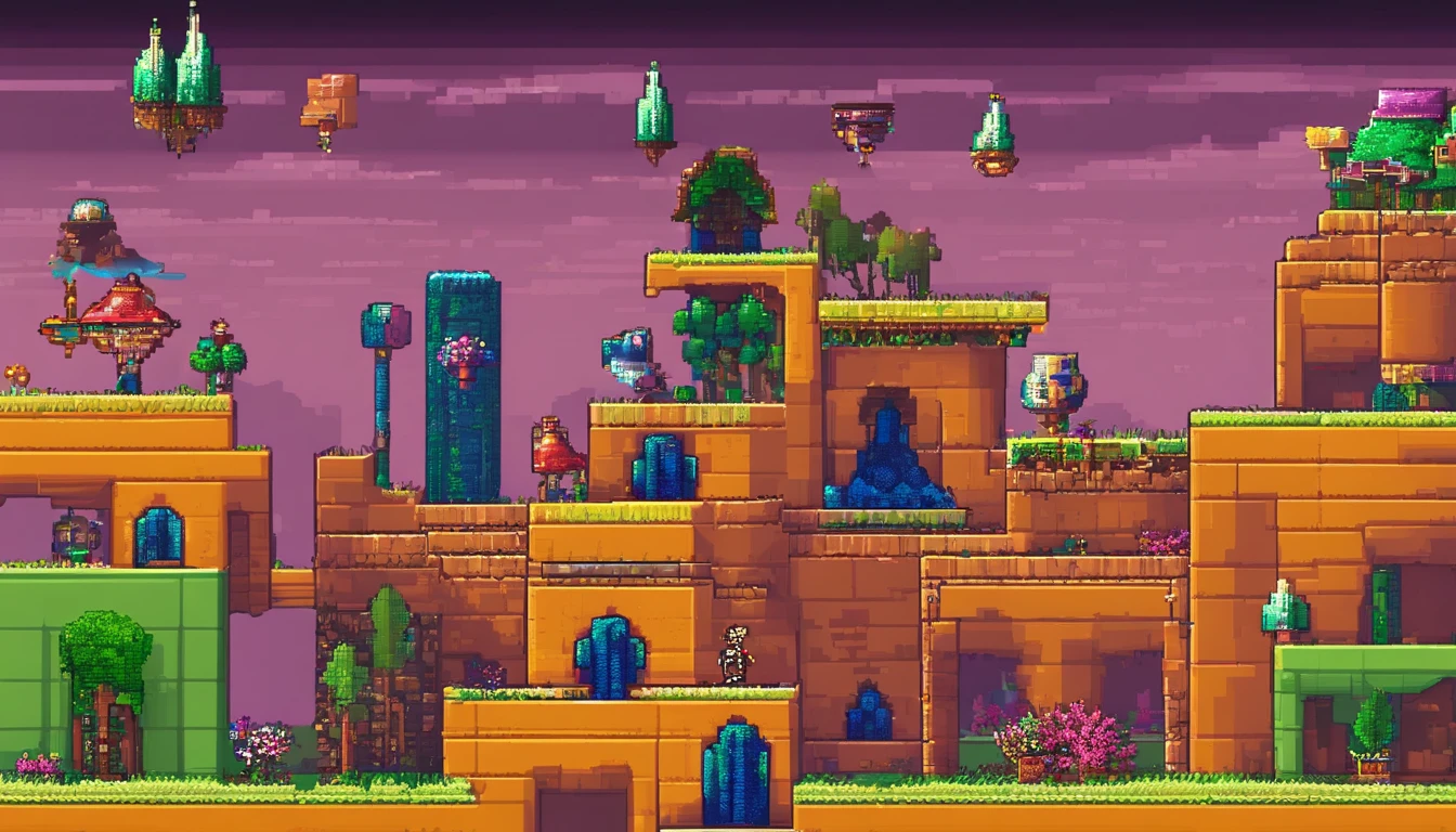 Pixel art, Incredible pixel art details. Pixel art. Detailed unreal engine, Imagine a mesmerizing painting of a fantastic realm that exists in 5-dimensional space, where gravity, time, and perception transcend conventional boundaries. Bring this extraordinary world to life and let your creativity soar. Like the warp space of a time machine ride.