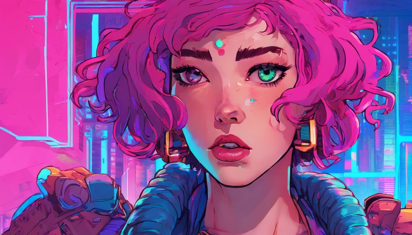 garota de cabelo rosa e azul, bebendo refrigerante, inspirado em anime dos anos 90, cidade cyberpunk, lofi, colorido, Attention to Detail, dedos realistas