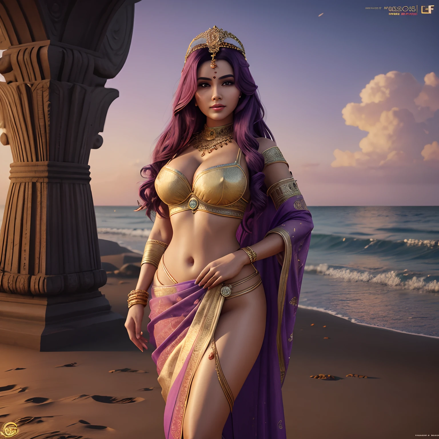 (Milf:1.5), there is a woman standing on the beach in a saree, a digital painting inspired by goddess lakshmi, cgsociety contest winner, Fantasy art, god of wealth and prosperity , Dawn CGSOCIETY, a beautiful fantasy empress, Long purple hair,Full body CGsociety, cgsociety 8k, cgsociety 8 k, cgsociety 8k, cgsociety contest winner!!, details face, details skin texture, details clothes, realism