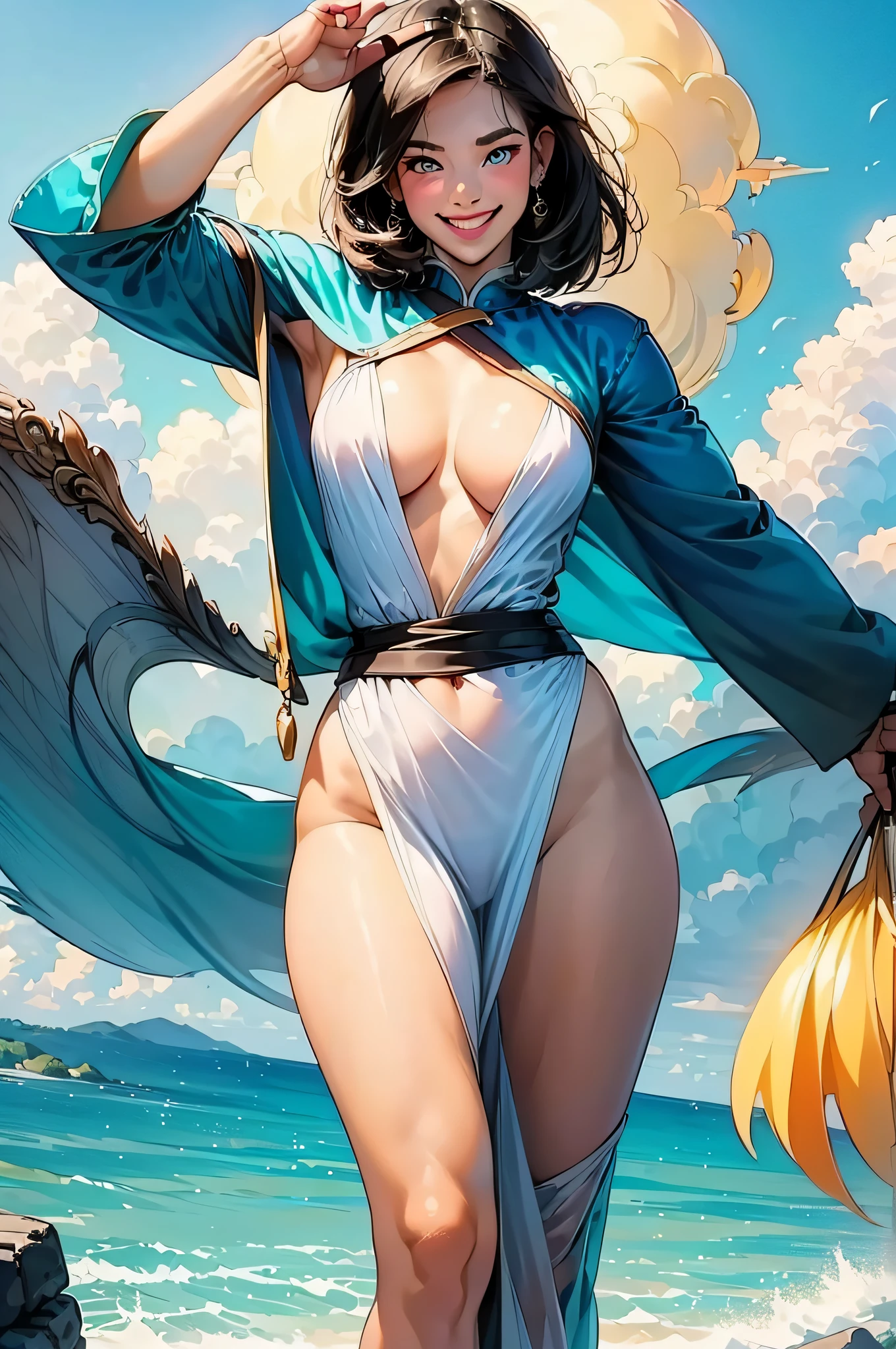 (in 8K、top-quality、masterpiece:1.2)、1人の女性、(Smiling smile:1.1)、beautidful eyes、Valley、The upper part of the body、shorth hair、Like a boy、Colossal tits、Blue View、