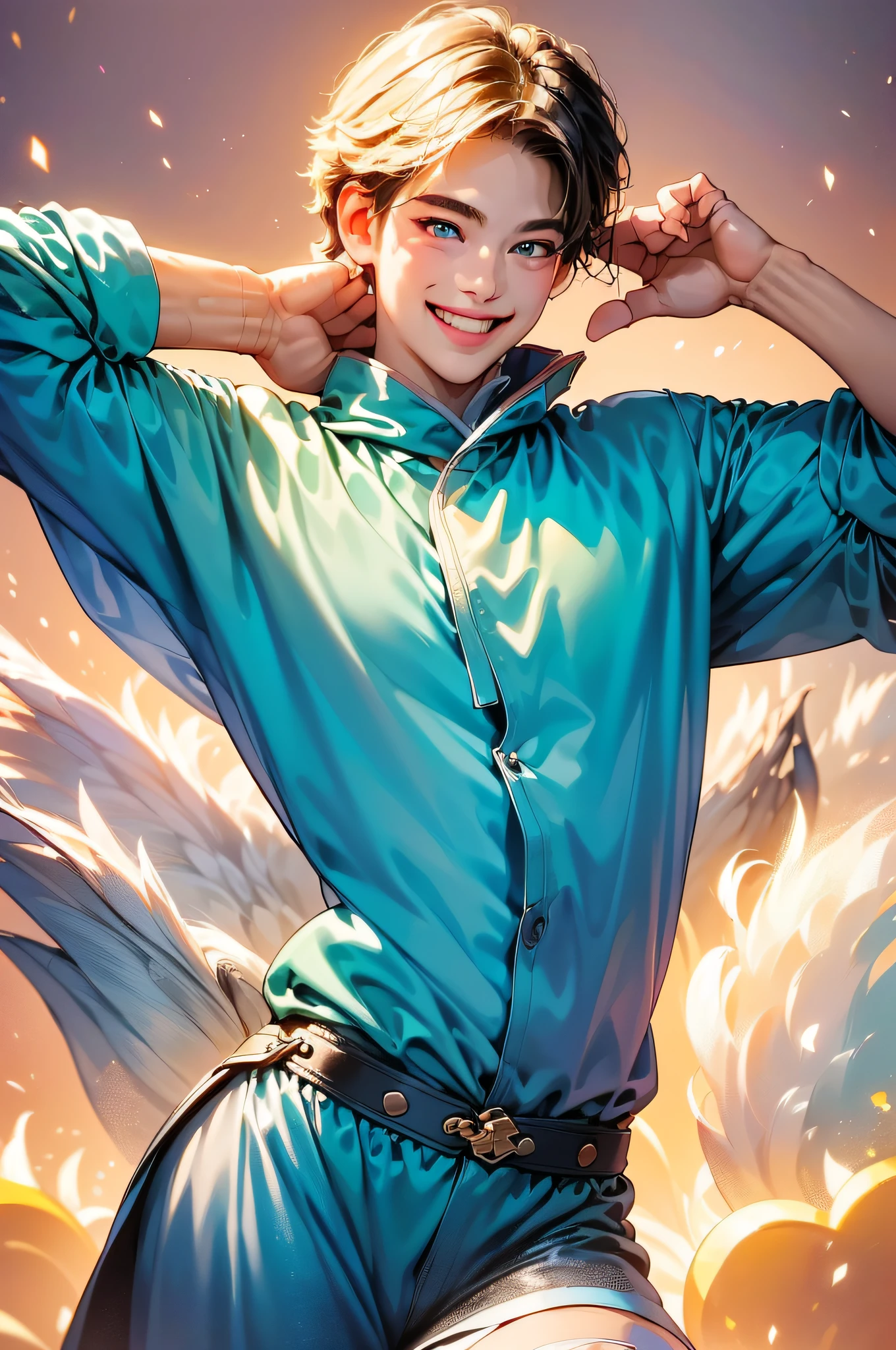 (in 8K、top-quality、​masterpiece:1.2)、1人の女性、(Smiling smile:1.1)、beautidful eyes、Valley、The upper part of the body、shorth hair、Like a boy、Colossal tits、Blue View、