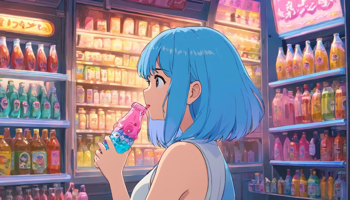 garota de cabelo rosa e azul, bebendo refrigerante, inspirado em anime dos anos 90, cidade cyberpunk, lofi, colorido, drinking soda, pink hair, blue hair