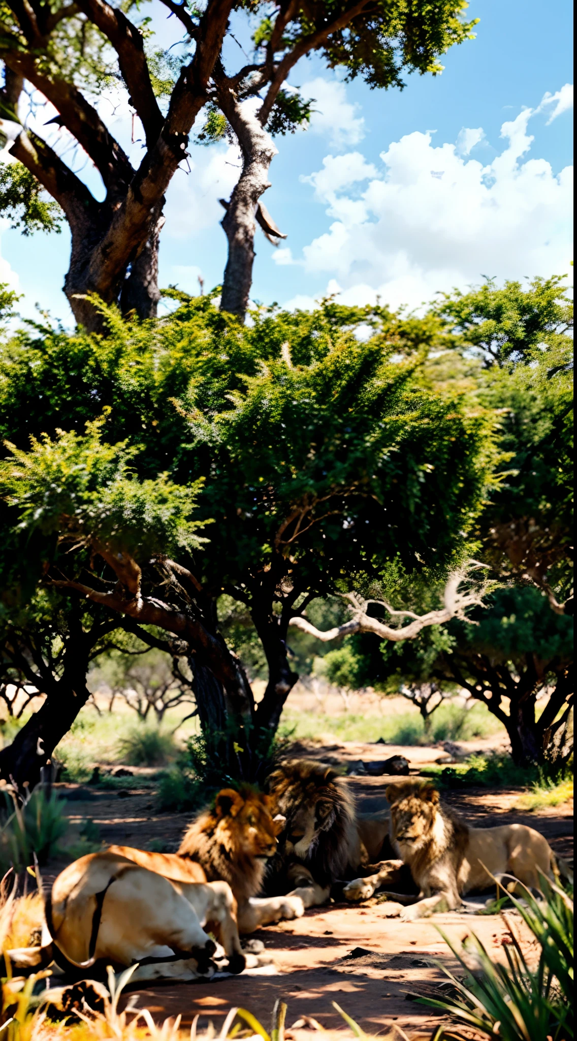 Illustration of a lion colony, resting under a tree, set in a savanna, ultra hd graphics, 8k, detailed