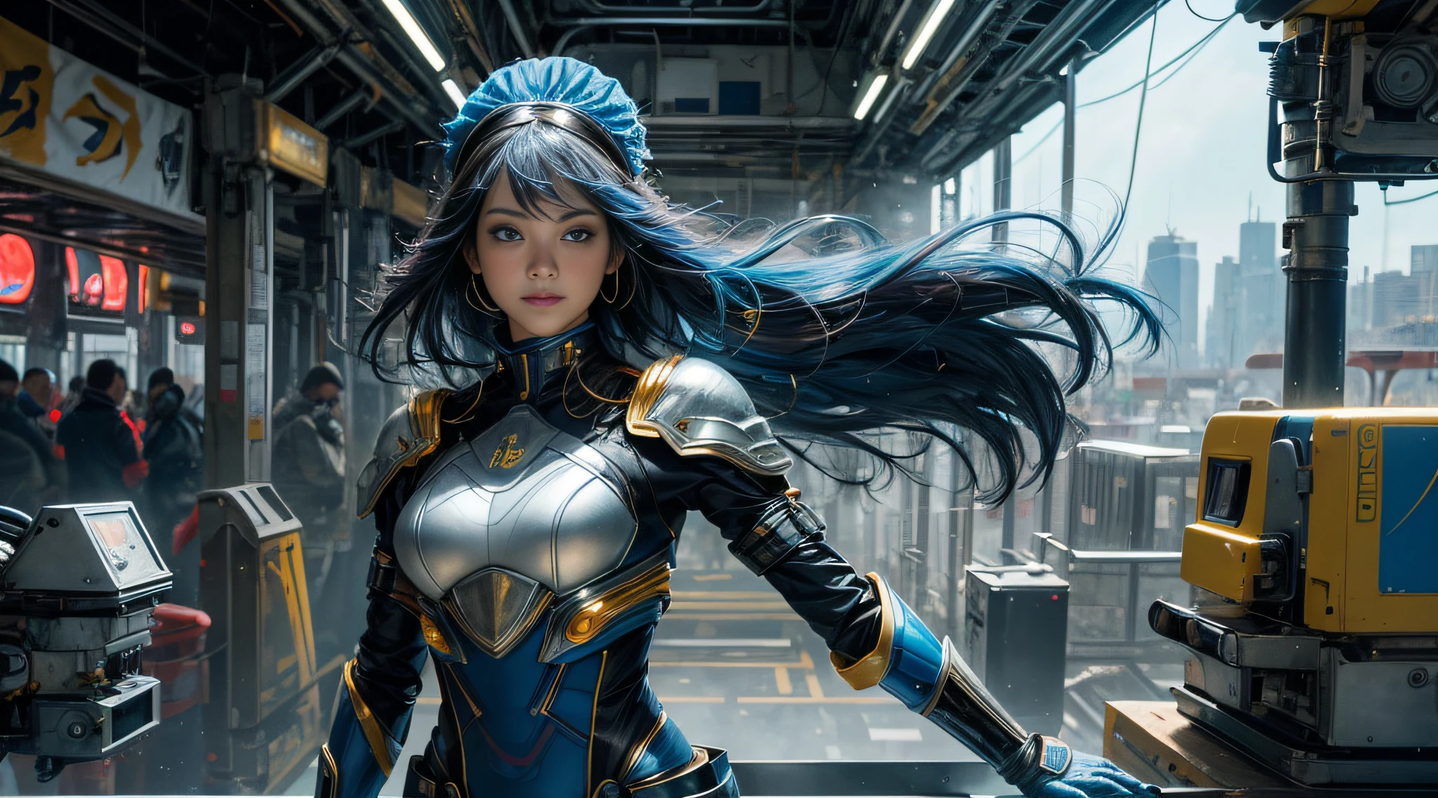 cuerpo completo, cabello azul, contundente de, Obra maestra, Calidad superior, Arte Oficial, album art, muy elaborado CG Unity 8K fondo de pantalla, Lonely girl, Chica japonesa, cuerpo completo, Super High Resolution, (fotorrealista: 1.4), Dynamic Angle, dynamic pose, mystical power, particles floating, reflecion, so cute, Ojos de color azul brillante, golden hour lighting, Traje de piloto en colores blanco y azul y negro, Ropa ajustada, Ropa que cubre todo el cuerpo, Botas hasta la rodilla, (ojos hinchados), Visor mirando, Frente, belleza, senos medianos, Elevador de camisa, metal wire, cuerpo delgado, Guantes hasta el brazo, Anime heroine, sonrisa suave, auriculares de casco, casco, Cabina de robot detallada, Super futuristic space