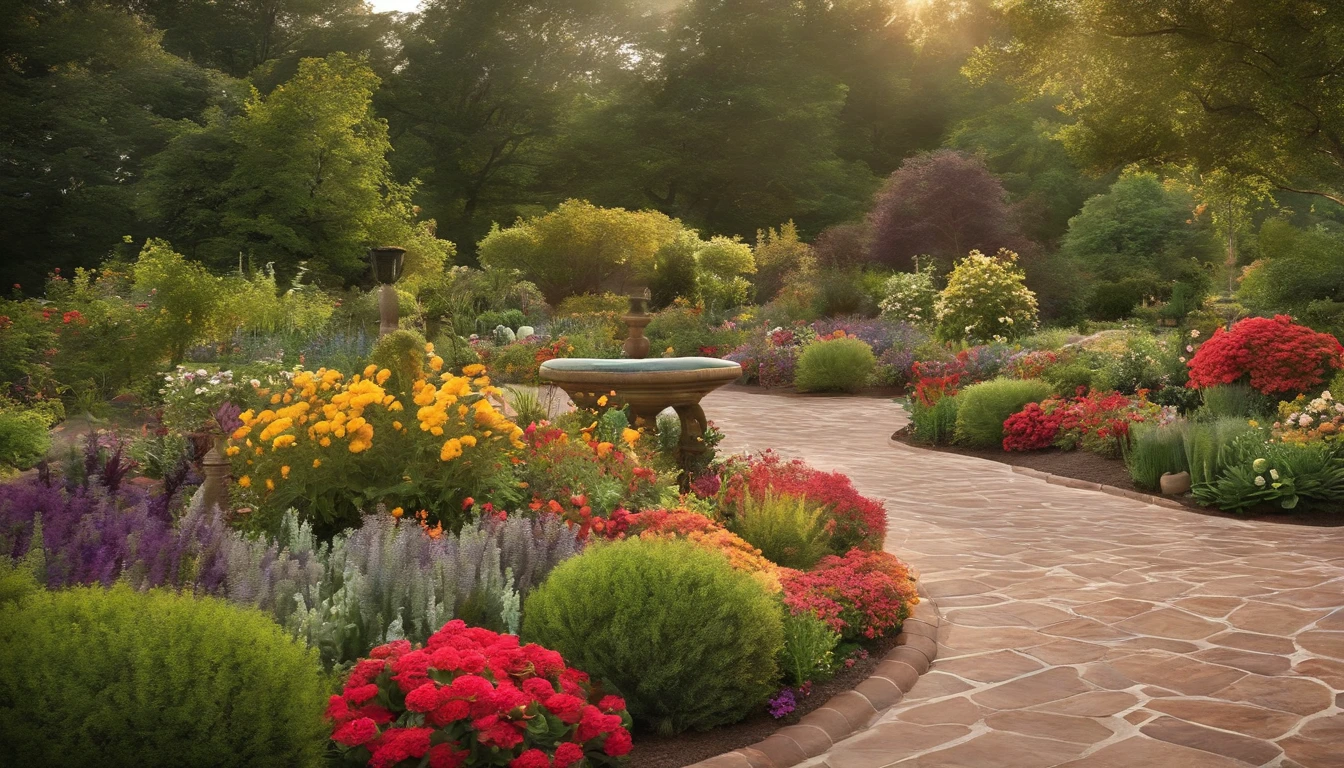 Create an image that represents a well-kept garden that is sustainable, with well-disposed, healthy and diverse colorful flowering plants, nutrient-rich soil, efficient irrigation methods, and a thoughtful gardening couple applying gardening tips for success. The image must convey the idea of balance and sustainability. realist