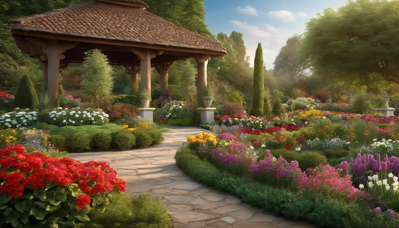 Create an image that represents a well-kept garden that is sustainable, with well-disposed, healthy and diverse colorful flowering plants, nutrient-rich soil, efficient irrigation methods, and a thoughtful gardening couple applying gardening tips for success. The image must convey the idea of balance and sustainability. realist