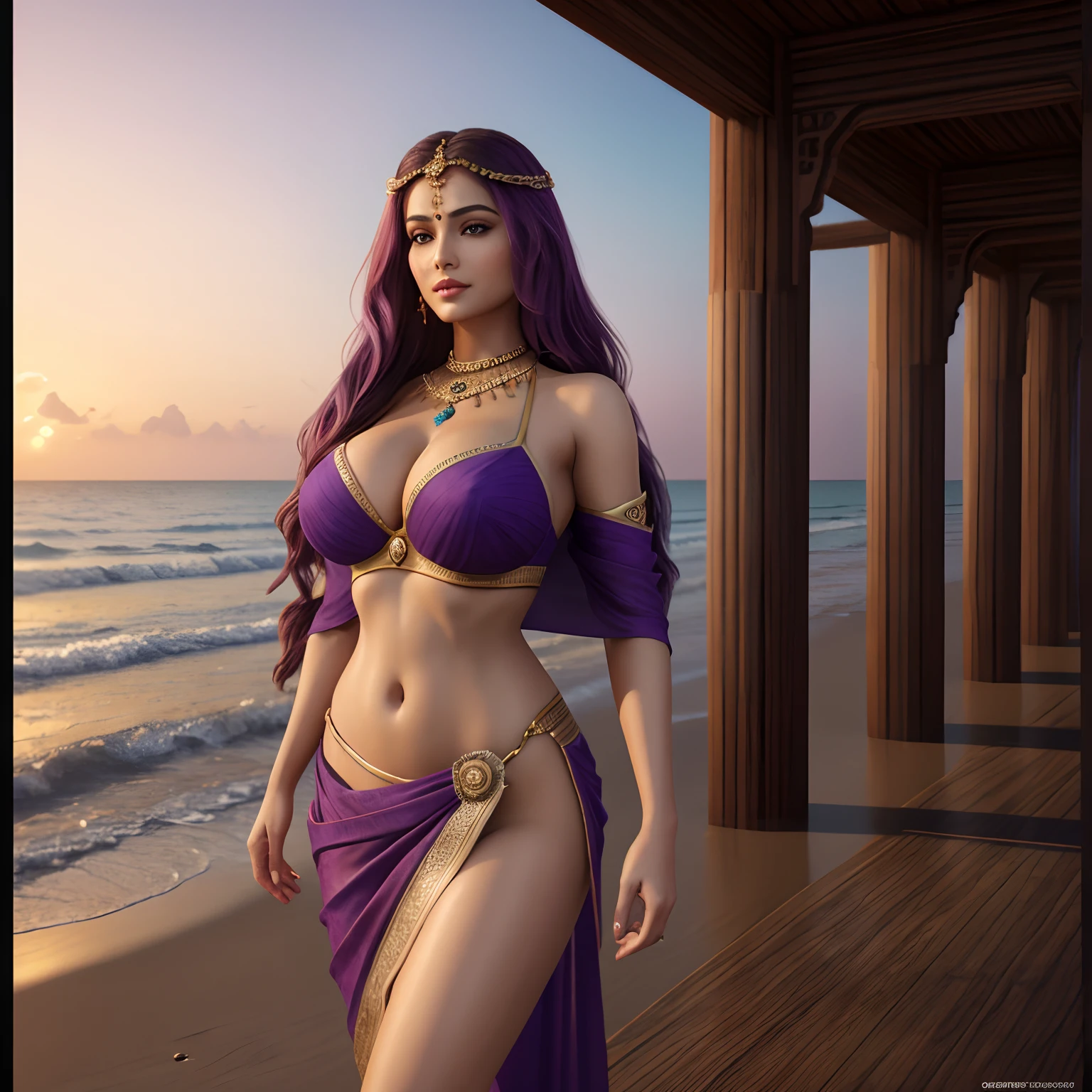 (Milf:1.5), there is a woman standing on the beach in a saree, a digital painting inspired by goddess lakshmi, cgsociety contest winner, Fantasy art, god of wealth and prosperity , Dawn CGSOCIETY, a beautiful fantasy empress, Long purple hair，Full body CGsociety, cgsociety 8k, cgsociety 8 k, cgsociety 8k, cgsociety contest winner!!, details face, details skin texture, details clothes, realism