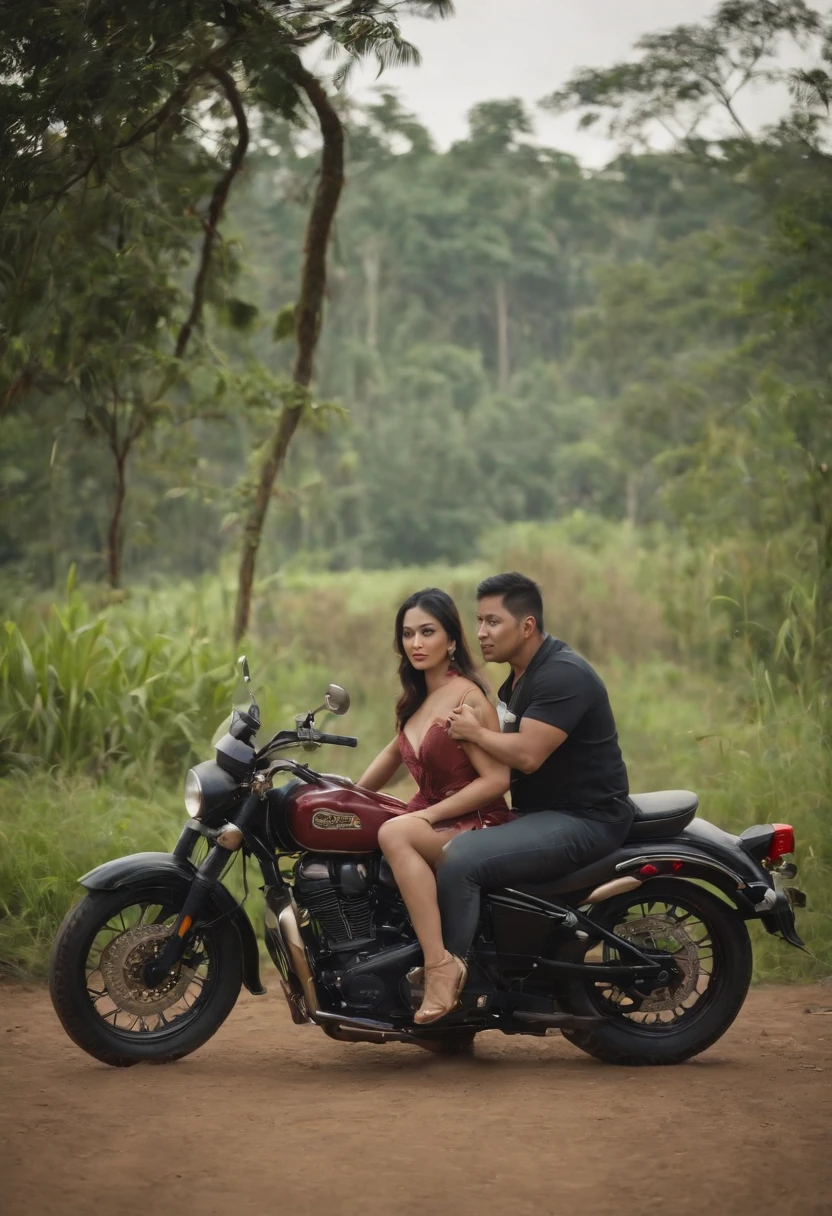 Three Thai bisexuals,Wear colorful evening dresses.,Different shapes,Tall,fat,lean,beard,Stacked on the back of the motorcycle,Against the backdrop are fields with swamps and beautiful large trees..,Evening atmosphere,There's a ghost chasing him..