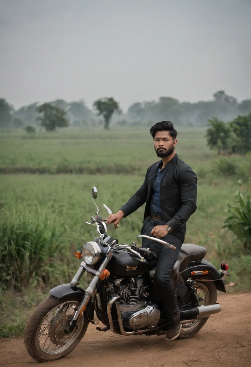 Three Thai bisexuals,Wear colorful evening dresses.,Different shapes,Tall,fat,lean,beard,Stacked on the back of the motorcycle,Against the backdrop are fields with swamps and beautiful large trees..,Evening atmosphere,There's a ghost chasing him..