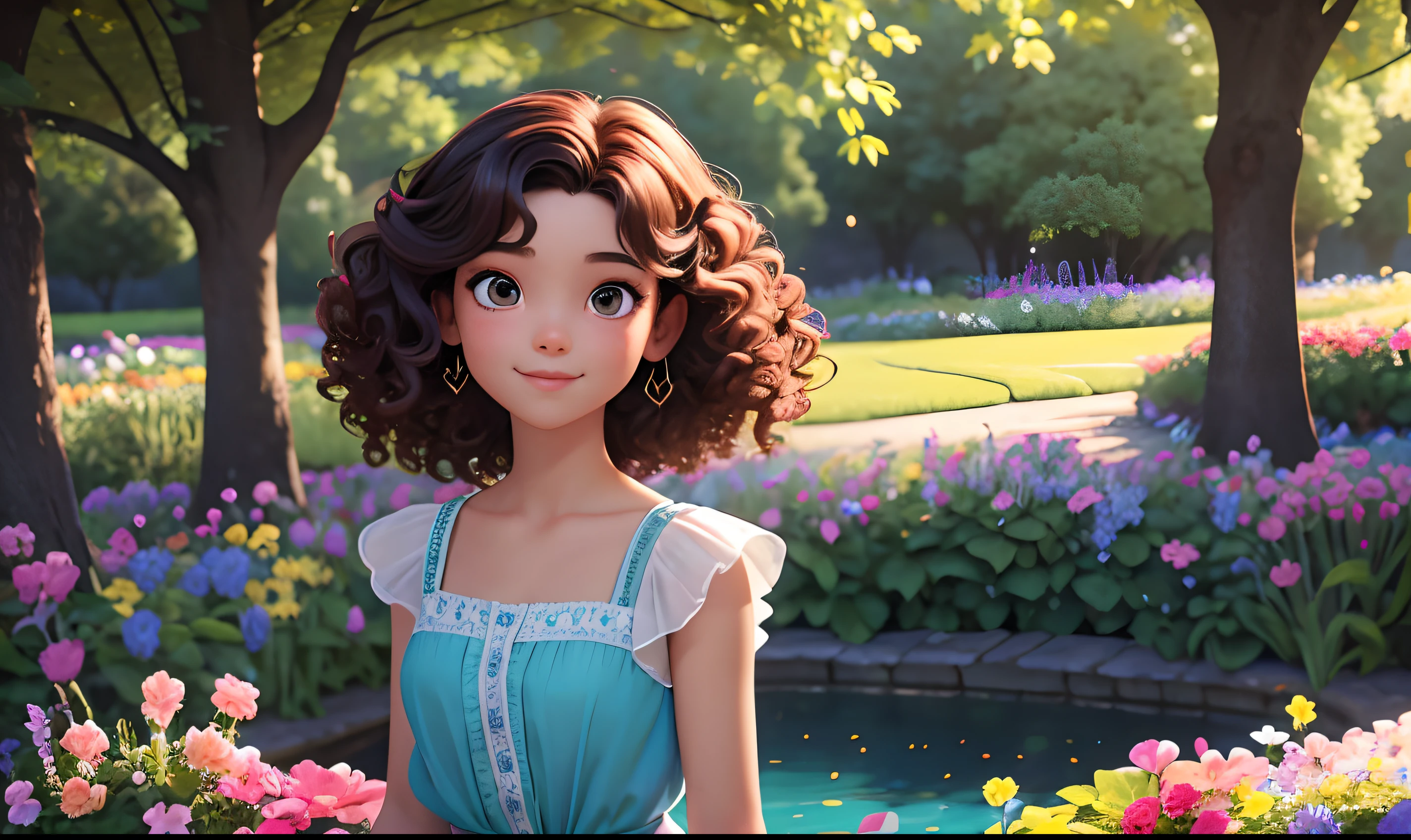 girl with curly hair and big, expressive eyes, wearing a vibrant blue dress, surrounded by colorful flowers in a lush garden, with sunlight streaming through the trees, creating a warm and inviting atmosphere. The girl's skin tone is rich and radiant, highlighting her youthful and vibrant energy. The flowers are in full bloom, with delicate petals and a variety of vibrant colors, including red, pink, yellow, and purple. The garden is filled with green grass, tall trees, and a peaceful pond, reflecting the beauty of the surroundings. The girl's smile is contagious and radiates joy, capturing the innocence and happiness of childhood. The painting is done in a realistic style, with impeccable attention to detail, showcasing the artist's skill in capturing the intricate features of the girl's face, the delicate textures of the flowers, and the play of light and shadow in the garden. The colors are vivid and vibrant, with a harmonious combination of warm and cool tones, creating a visually appealing and immersive experience. The overall composition is balanced and dynamic, with the girl positioned slightly off-center, drawing the viewer's attention and creating a sense of movement and vitality. The lighting is soft and natural, enhancing the realism of the scene and adding depth and dimension to the painting. The final artwork is a high-resolution masterpiece, suitable for display in galleries and museums, showcasing the beauty and diversity of the world we live in.