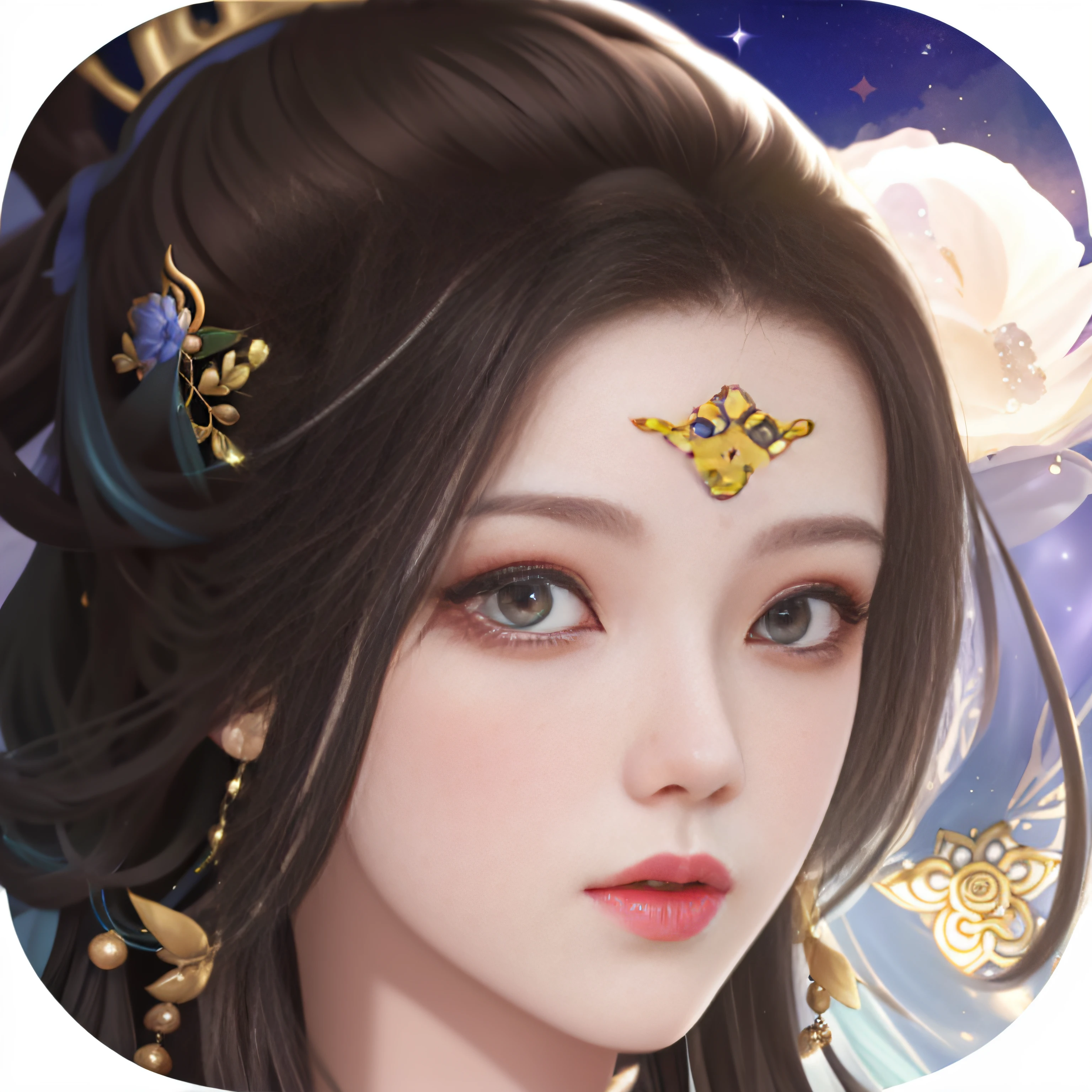 a close up of a woman with a crown on her head, inspired by Luo Mu, a beautiful fantasy empress, xianxia hero, Beautiful celestial mage, inspired by Park Hua, inspired by Du Qiong, inspired by Li Mei-shu, xianxia fantasy, Inspired by Huang Ji, Inspired by Lan Ying, inspired by Wu Bin