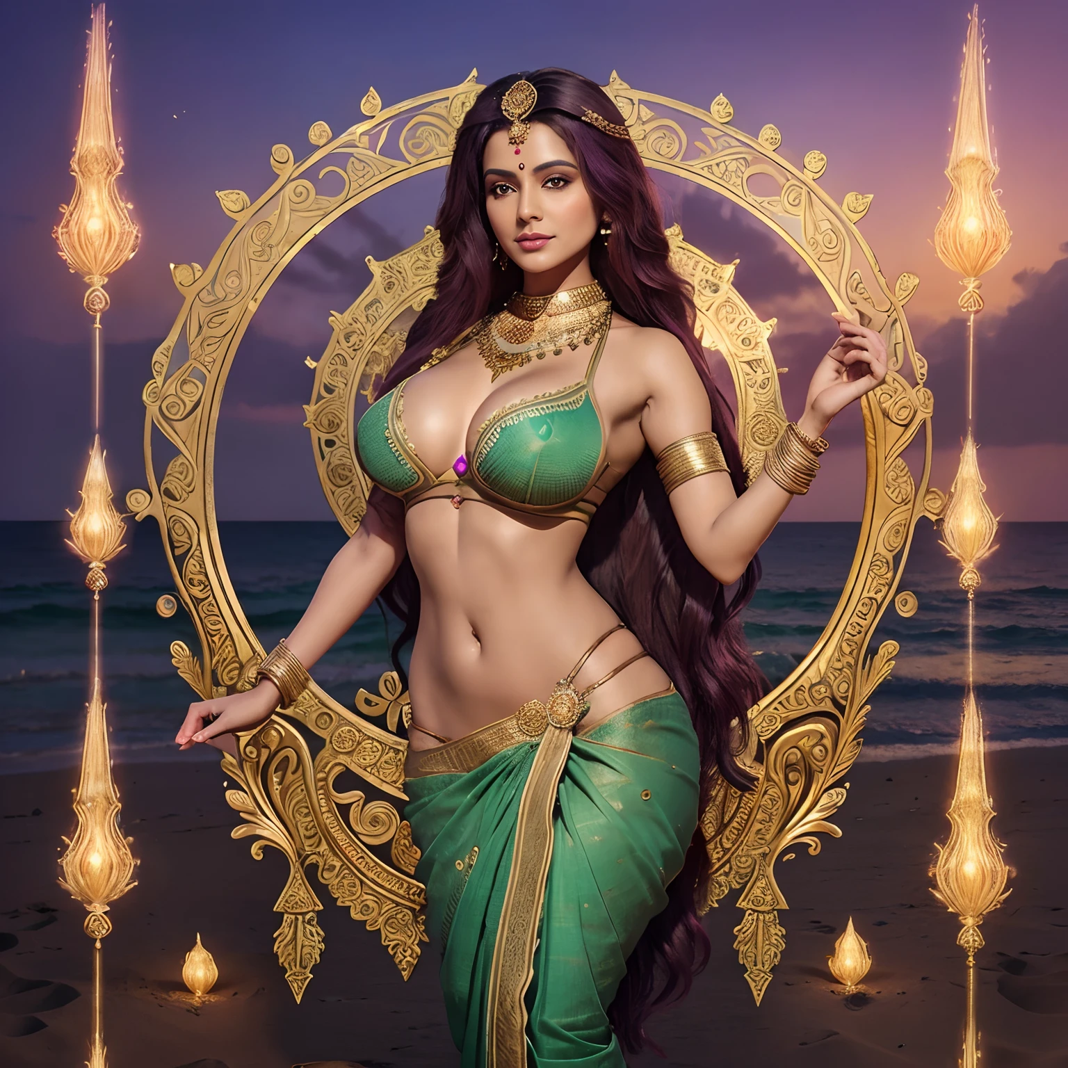 (Milf:1.5), there is a woman standing on the beach in a saree, visuals inspired by goddess lakshmi, contest winner, Fantasy art, god of wealth and prosperity , a beautiful fantasy empress, Long purple hair,Full body, 8k, details face, details skin texture, details clothes, realism