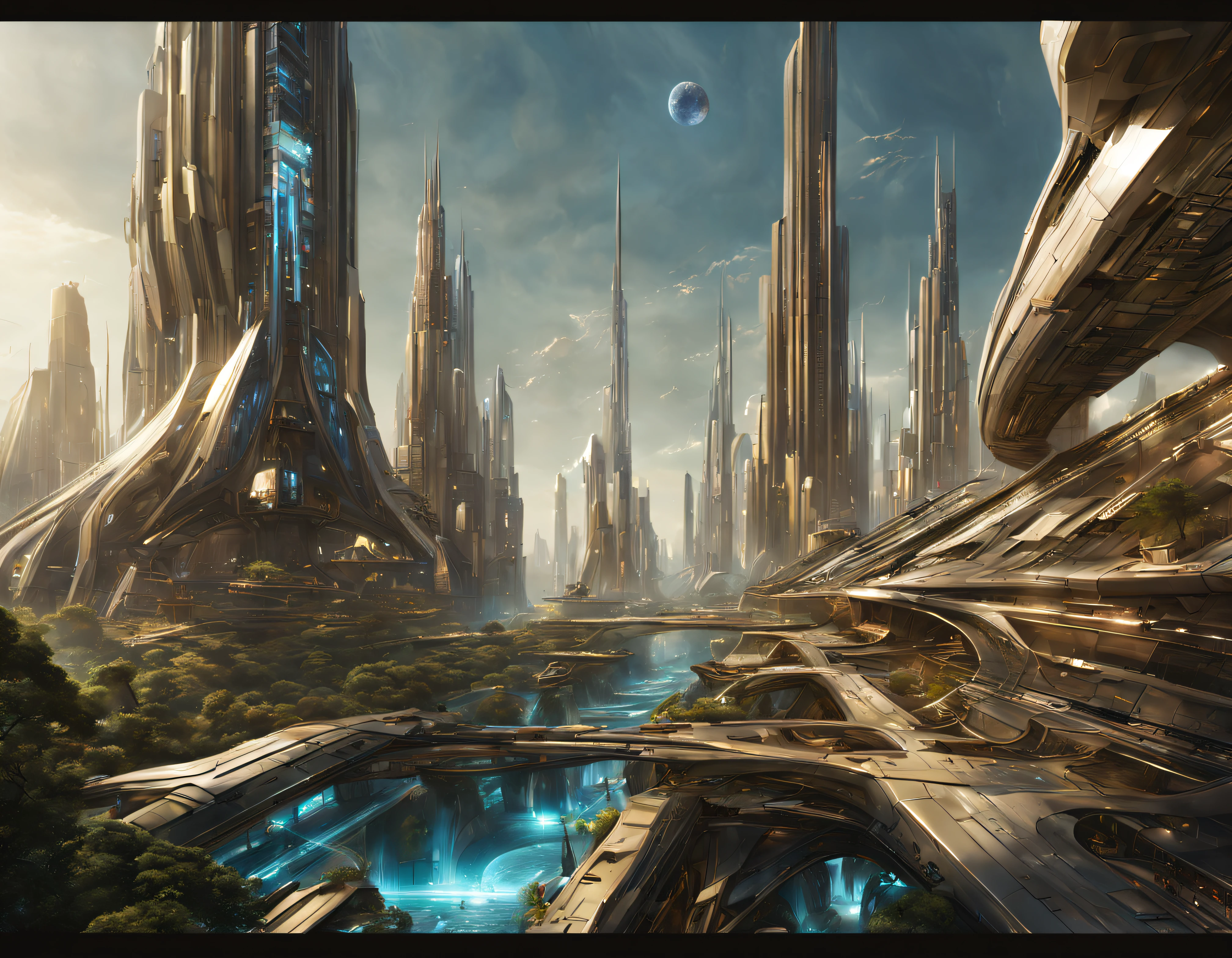 On an unknown planet there is a fantasy futuristic city with immense buildings of technological design que forman una infinita avenida, con estructuras acristaladas en plata, oro y bronce espectaculares. con colores vivos. pavimento ensolado sin brillo. gente paseando. similar a coruscant. imagen bien definida con muchos edificios juntos.