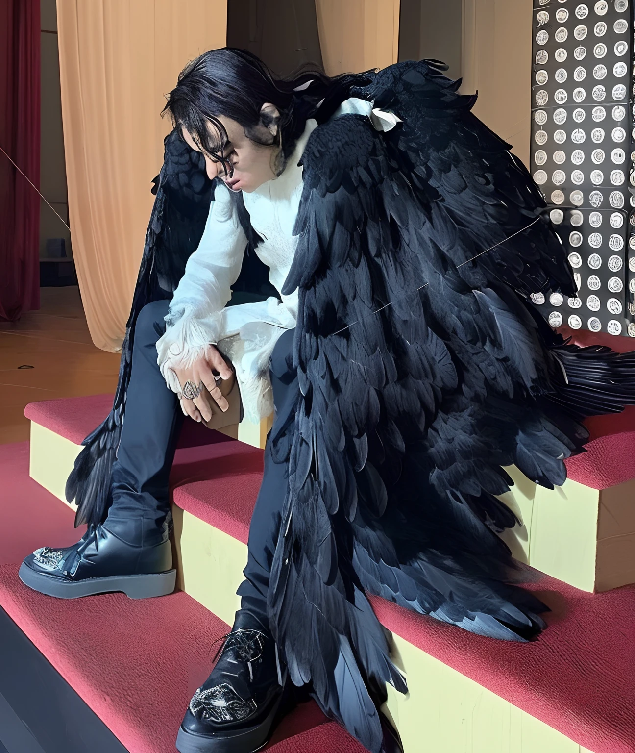 Araffe vestido de preto sentado em um palco com uma jaqueta de penas, asas enormes de penas, black wings instead of arms, com asas reais, asas requintadas e bonitas, coberto de penas, terno de penas, huge wings growing out of arms, com asas grandes, asas de penas escuras, asas de penas, com seus longos cabelos pretos, asas grandes
