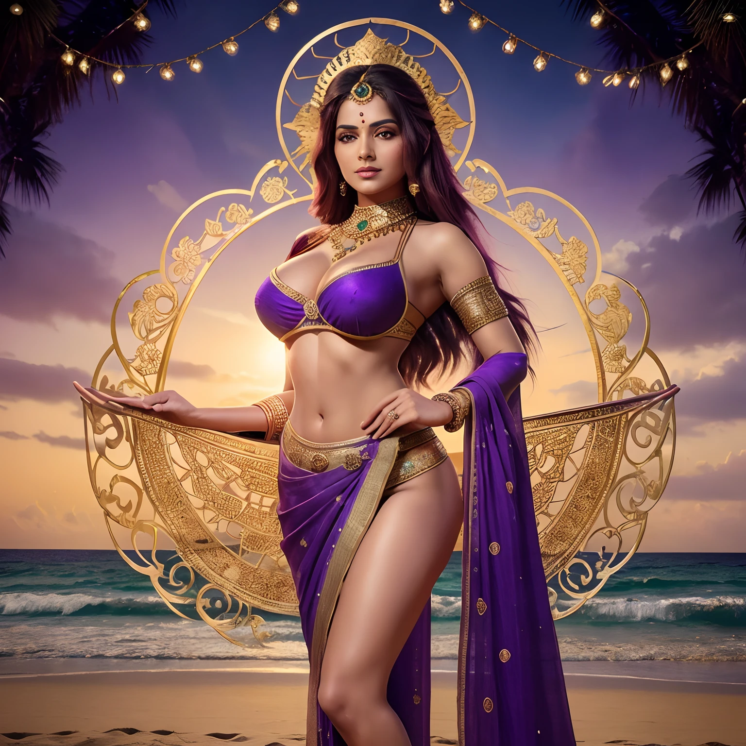 (Milf:1.5), there is a woman standing on the beach in a saree, visuals inspired by goddess lakshmi, contest winner, Fantasy art, god of wealth and prosperity , a beautiful fantasy empress, Long purple hair,Full body, 8k, details face, details skin texture, details clothes, realism