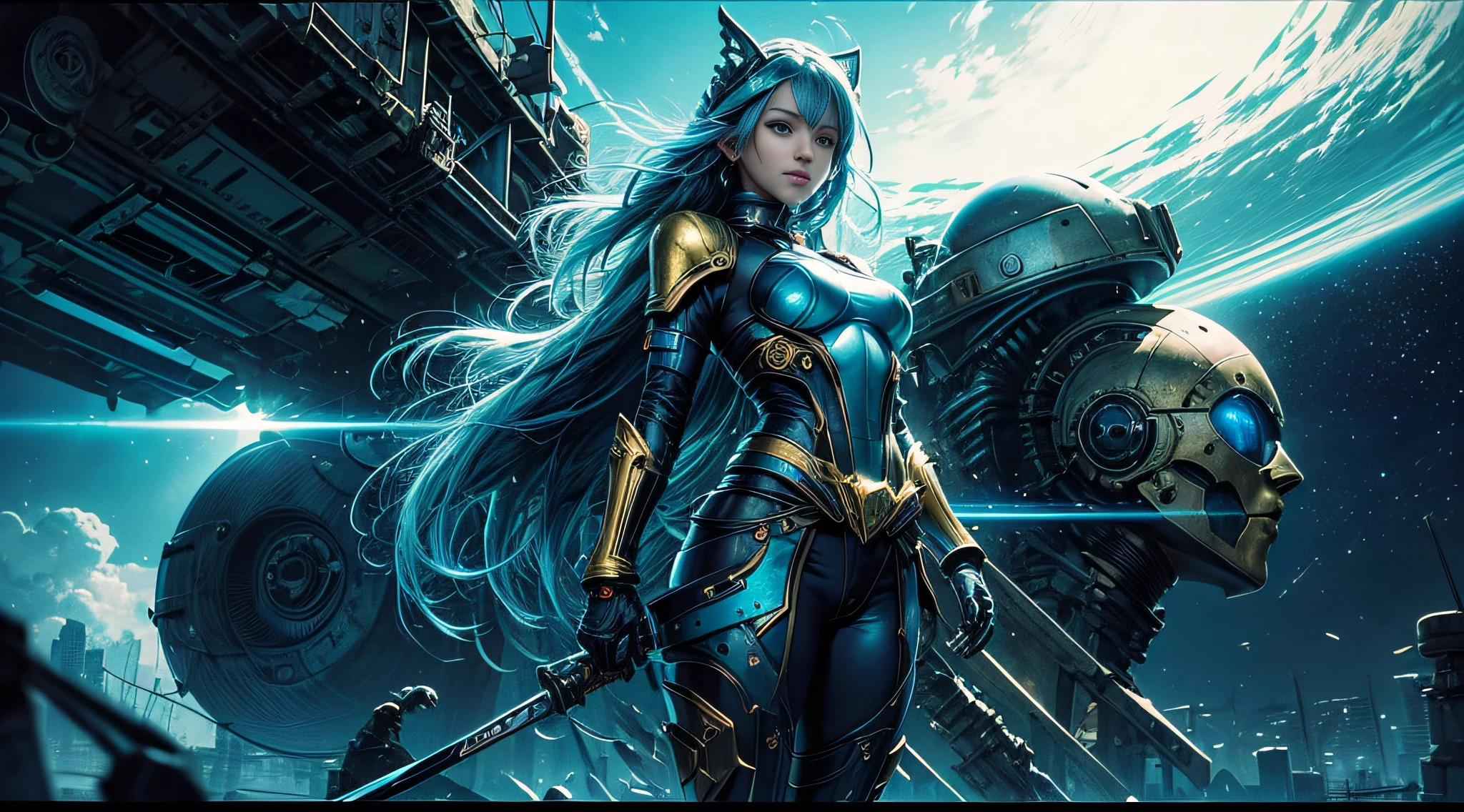 cuerpo completo, cabello azul, contundente de, Obra maestra, Calidad superior, Arte Oficial, album art, muy elaborado CG Unity 8K fondo de pantalla, Lonely girl, Chica japonesa, cuerpo completo, Super High Resolution, (fotorrealista: 1.4), Dynamic Angle, dynamic pose, mystical power, particles floating, reflecion, so cute, Ojos de color azul brillante, golden hour lighting, Traje de piloto en colores blanco y azul y negro, Ropa ajustada, Ropa que cubre todo el cuerpo, Botas hasta la rodilla, (ojos hinchados), Visor mirando, Frente, belleza, senos medianos, Elevador de camisa, metal wire, cuerpo delgado, Guantes hasta el brazo, Anime heroine, sonrisa suave, auriculares de casco, casco, Cabina de robot detallada, Super futuristic space
