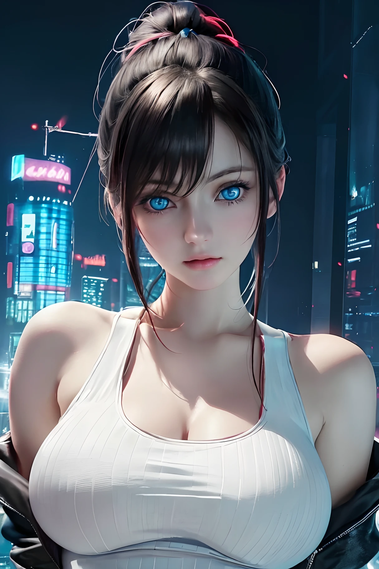 Best quality, masterpiece, ultra high res, (photorealistic:1.37), raw photo, 1girl, long hair, light blue eyes, detailed eyes and face, white shirt, dynamic lighting, in the dark, deep shadow, low key, cowboy shot
