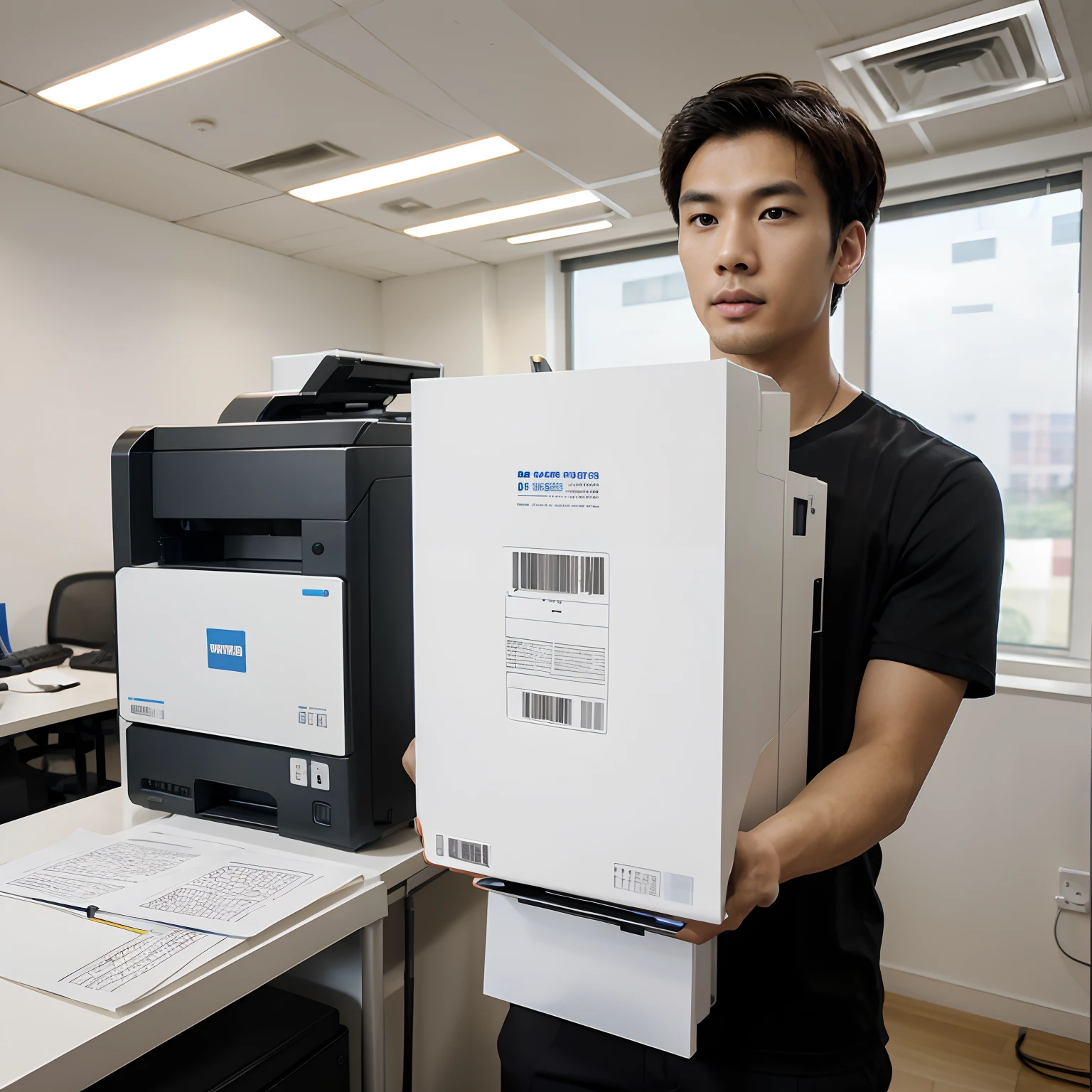 One printer,Office equipment,Print the file,A stack of copy paper,Busy,office room,big window, copy machine ,A Chinese,White skin,Handsome,large tall,suctioning,Chinese,the detail,Neatness,Paper,Computer,upscales,