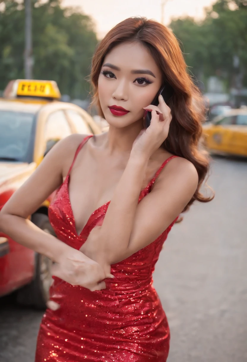 Ladyboy,Brown skin,Golden Hair,Dark makeup,Wearing a red evening gown.,Wear rainbow high heels.,Step out of the taxi.,Talking on the cell phone.