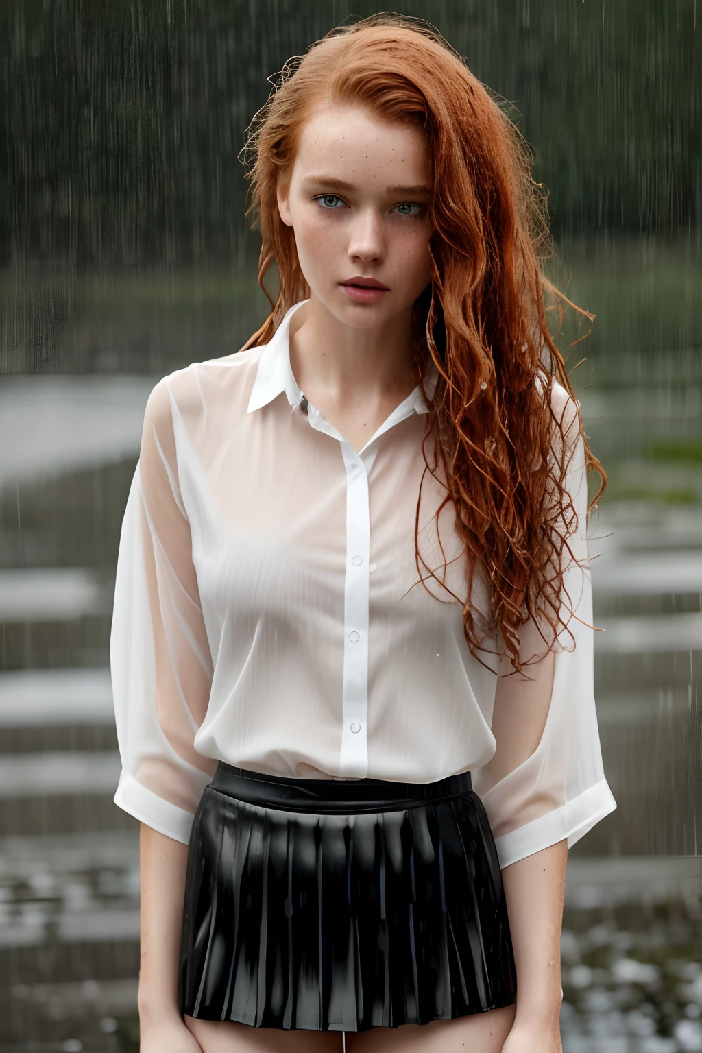 1girl in, 19, Solo, Aesthetic artwork, irish  redhead, wavy ginger hair, shoulder length ginger hair, gray eyes, light grey eyes, some small freckles, pale skin, A-cup, small breasts, runners body, fullbody shot, (textured skin, skin pores:1.1), (moles:0.8), imperfect skin, goosebumps, (wet clothes:1.4), ((real rain)), ((wet hair)), (Rain drips all body), (White blouse:1.2), (Black tight-skirt:1.3), (Black high-heels:1.2), black Bra, town, despair, (teardrops:1.2), (crying face:1.2), kneel down, first-person view, anatomically correct, (extremely detailed 8k wallpaper), soft lighting, high quality, film grain, Fujifilm XT3 sharp focus, f 5.6, 50mm, High Detail, Sharp focus,(natural light), (seductive), Realistic, ultra realistic, photo realistic, crazy details, complex details, hyper detailed,