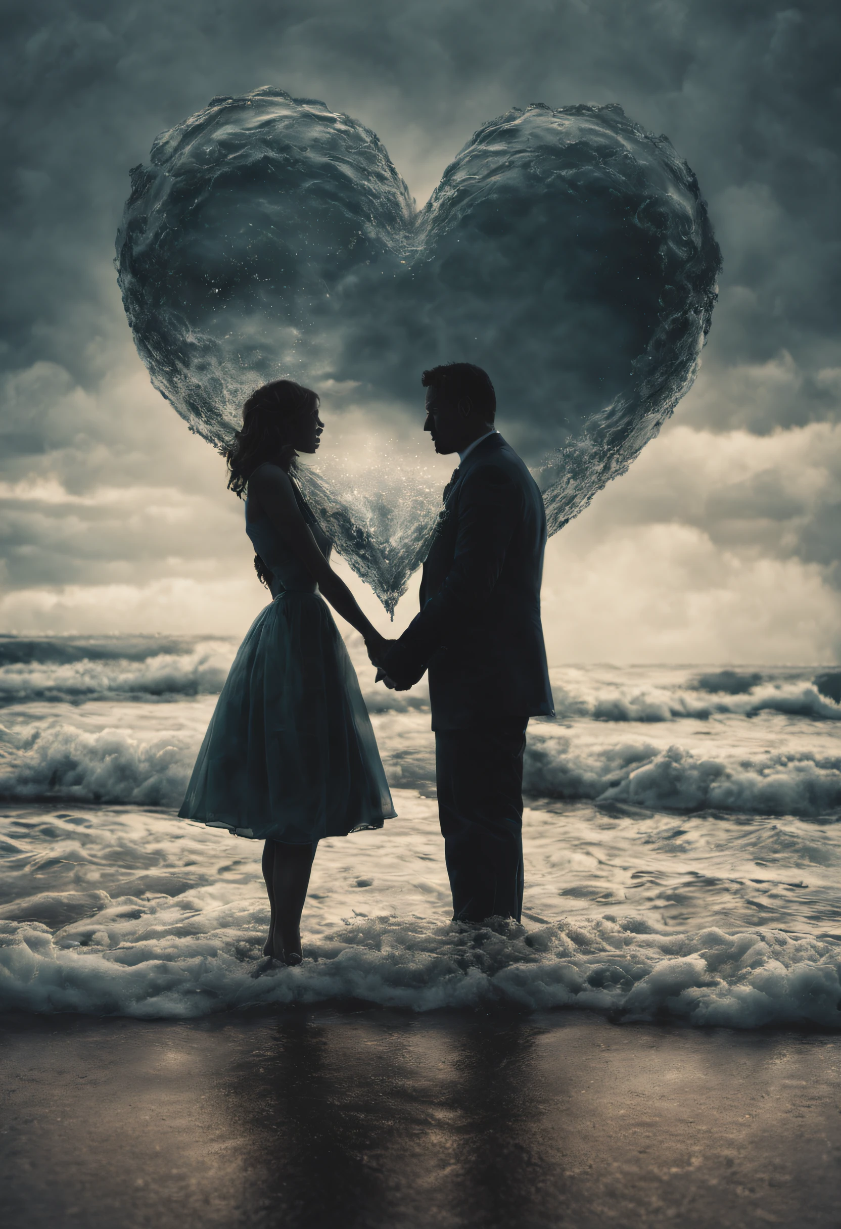 lovely double exposure image by blending together a man and a woman a stormy sea and a heart inside a glass mind. The sea should serve as the underlying backdrop, with its details subtly incorporated into the glossy glass mind, sharp focus, double exposure, glossy glass mind, (translucent glass figure of an heart) (sea inside) lifeless, dead, glass mind, earthy colors, decadence, intricate design, hyper realistic, high definition, extremely detailed, dark softbox image, raytracing, cinematic, HDR, photorealistic (double exposure:1.1), many more small hear shaped water drops.