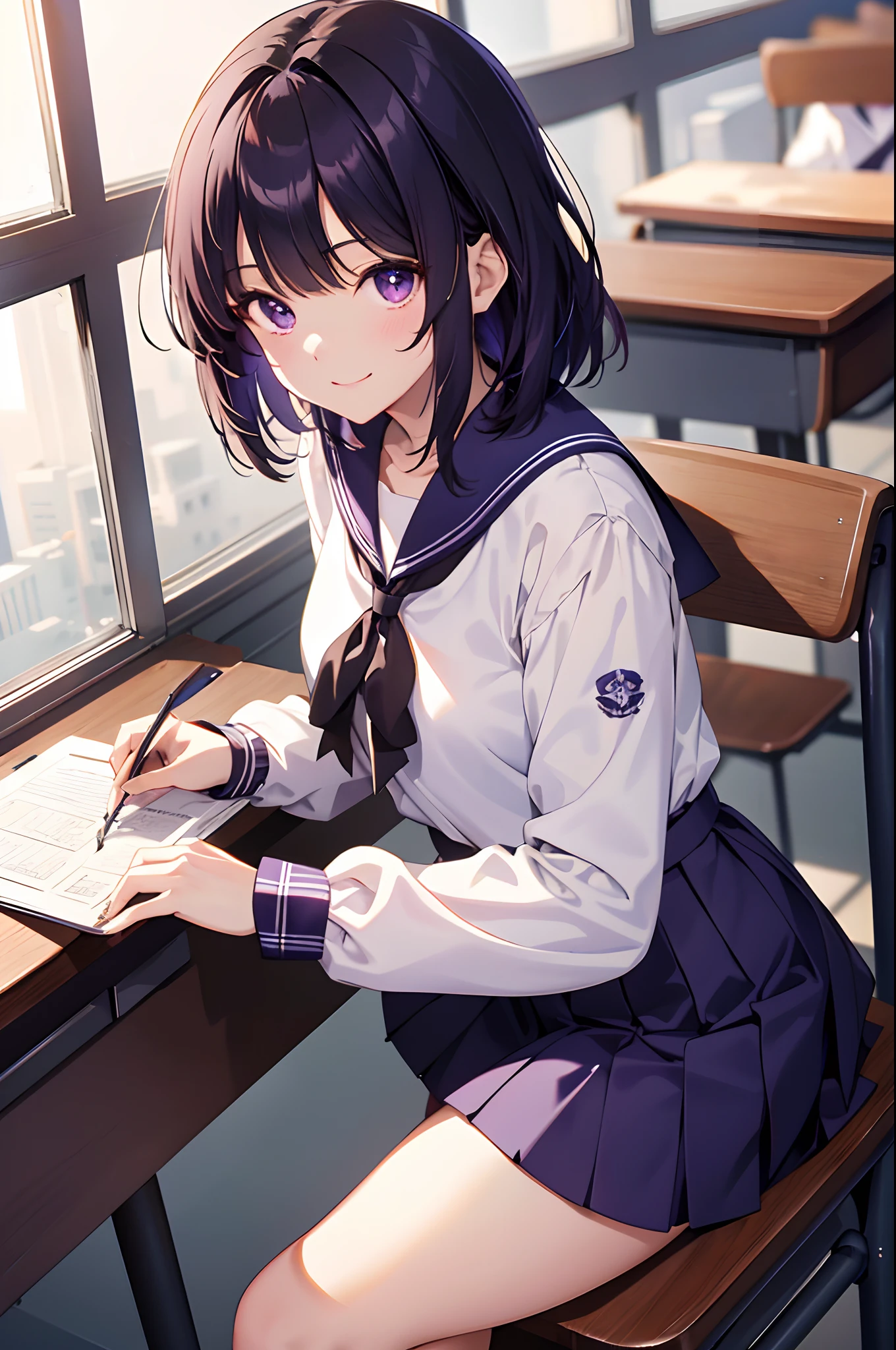 (extremely details CG、Unity、8K Wallpapers)、(extremely delicate and beautiful)、(masterpiece)、(top-quality:1.0)、(超A high resolution:1.0)、beautiful lighting、perfect lightning bolt、realistic shadow、Detailed skin、ultra-detailliert、detailed faces and eyes、Realistic eyes、Sharp pupils、cowboy shot, Inside the classroom、Schools、Evening glow、beauitful face、blurry backround、16-year-old beautiful girl、shinny skin、bob cuts、Dark purple hair、Blunt bangs、Purple eyes、(learning forward、Looking Up、From above、Looks happy、Looks happy:1.2)、a sailor suit、pleatedskirt、(Sit on a desk、Studying:1.3)、Gentle smile、Sailor Saturn
