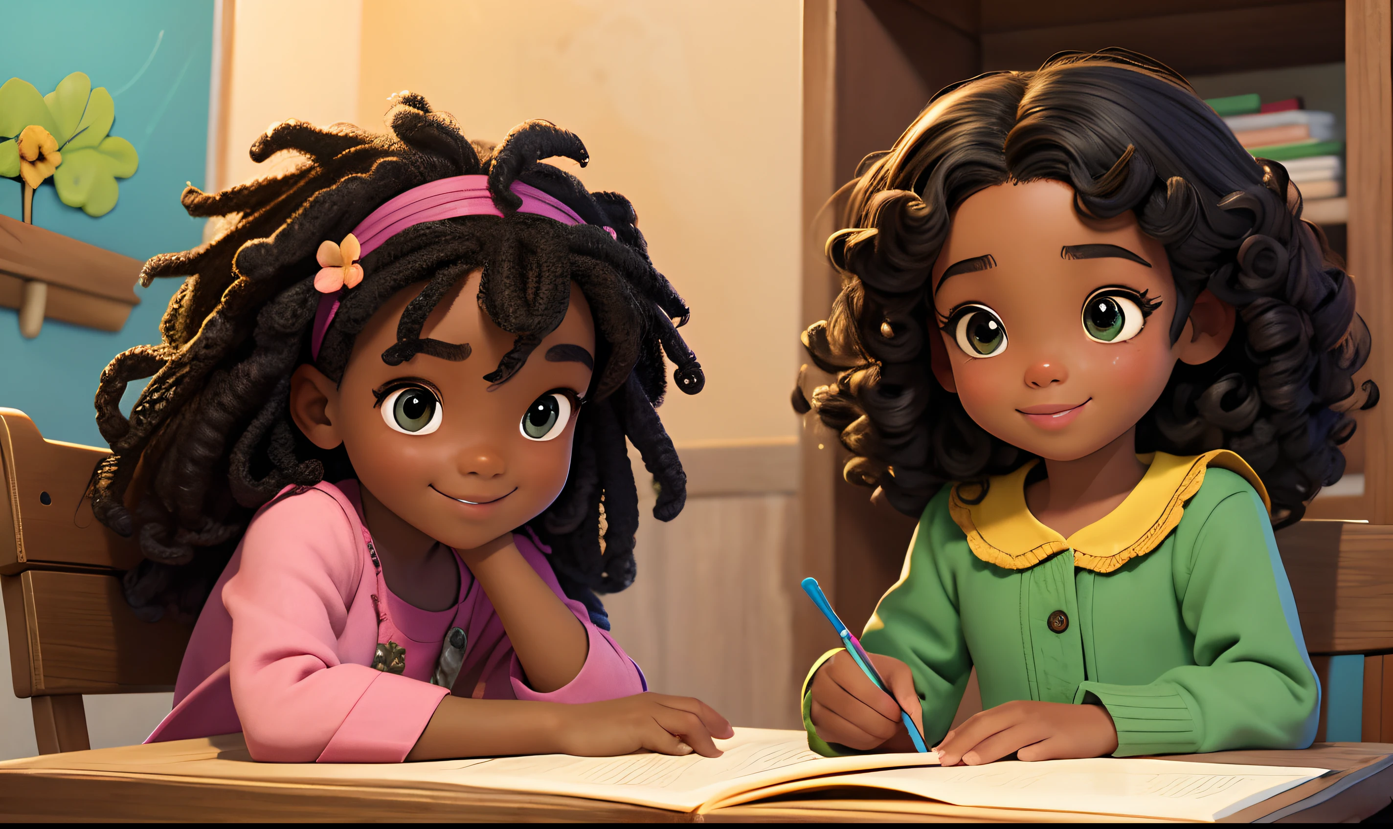 (best quality,realistic),African 4--old l,sitting next to a dog,children's book style,detailed eyes,detailed lips,long eyelashes,beautiful black girl,curly hair,innocent expression,smiling face,bright background,vibrant colors,soft lighting,playful atmosphere,cute dog,storybook scene,toy animals,flowers around,green grass,fun and cheerful vibe,authentic cultural representation