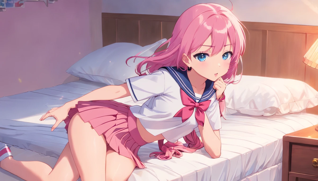 Beautiful illustration、top-quality、Cut s、Bedroom、A pink-haired、long whitr hair、(((Pink pleated skirt)))、(((Pink sailor suit)))、short- sleeved、Colossal tits、a navel、Turn up the skirt with your hands、showing white panties、Pull up the skirt，The reveal panties、Bare legged、eBlue eyes、on top of the bed、Lovely thighs、glowing thigh，Beautiful illustration、top-quality、Cute little girlpink-haired、long whitr hair、(((Pink pleated skirt)))、(((Pink sailor suit)))、short- sleeved、Colossal tits、a navel、Turn up the skirt with your hands、showing white panties、Pull up the skirt，The reveal panties、Bare legged、eBlue eyes、on top of the bed、Lovely thighs、glowing thigh，A sexy，Bed sit，Stick out her tongue，Very wide open mouth