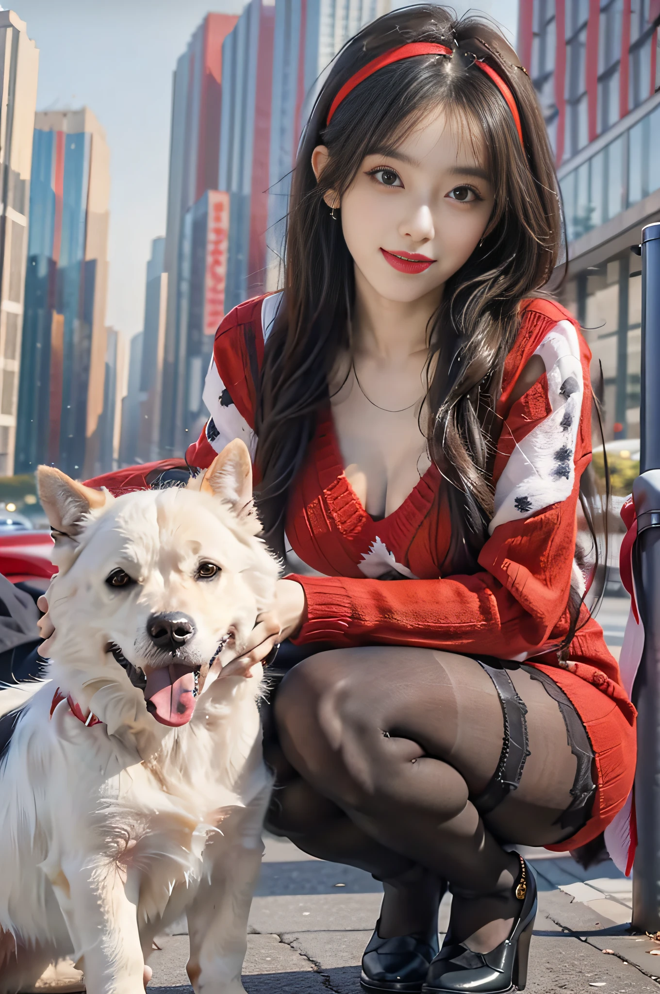 (Full body:1.5)、(((1girl in)):1.3)、(view the viewer:1.4)、((anatomy correct):1.45)、(Beautiful:1.2) 、(Very large breasts:1.3)、(Accurate and perfect face:1.3)、hyper HD、Ray traching、reflective light、 Structurally correct、awardwinning、high detailing、Lighten the shade contrast、Face lighting、Cinematic lighting、masutepiece、super detailing,、High quality、high detailing、Best Quality、16 K、High contrast、((((Red Sweater Dress))))、((((Black pantyhose))))、 In the bustling streets of New York City, a black-haired woman wearing a vibrant red knitted dress, complemented by black pantyhose, and a white headband adorning her head can be seen. She stands in a city park, her face lighting up with a warm smile as she crouches down to affectionately stroke a magnificent, elderly Great Pyrenees dog. The dog is a vision of purity, with long, flowing white fur that glistens in the sunlight. Both the woman and the dog radiate happiness and contentment as they engage in a playful, heartwarming interaction, capturing a beautiful moment of companionship.