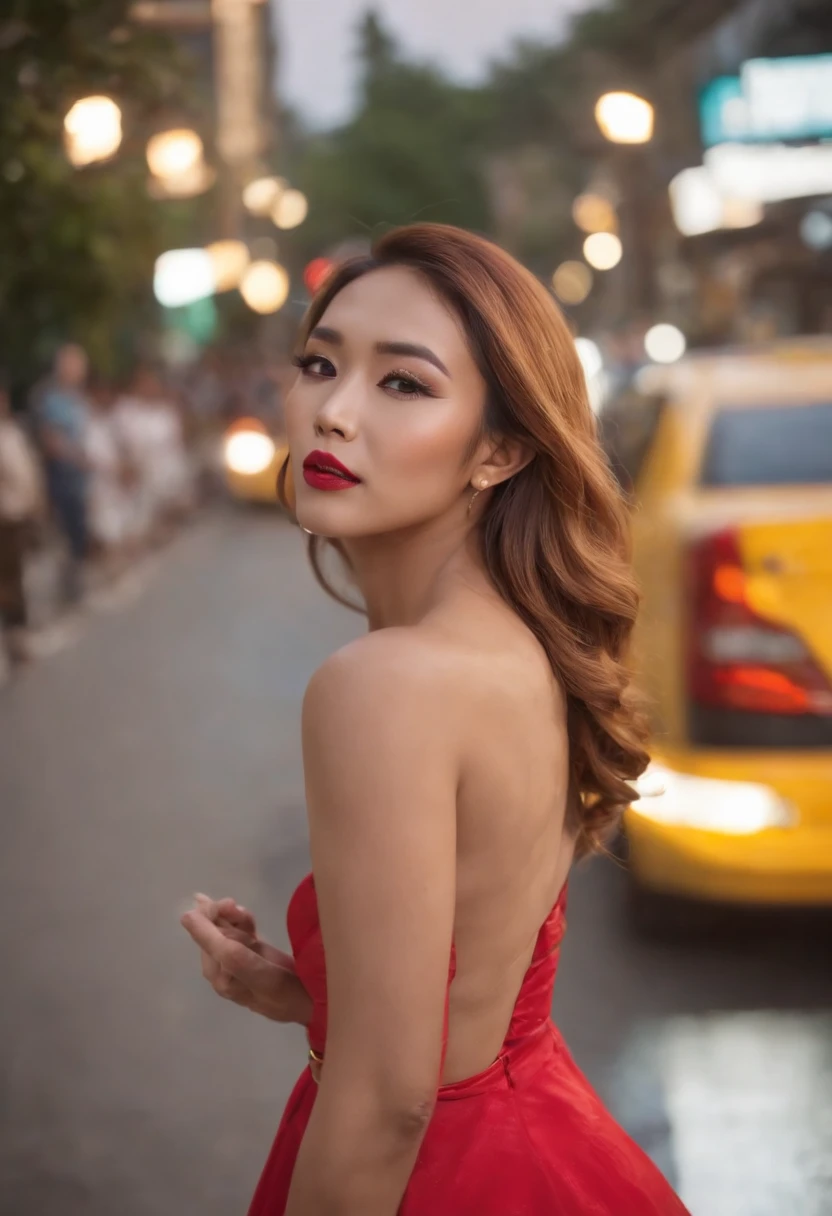 Hyper detail,Ladyboy,brown skin,Golden Hair,Dark makeup,Wearing a red evening gown..,Wear rainbow high heels..,Step out of the taxi.,Mobile Phone Talk.