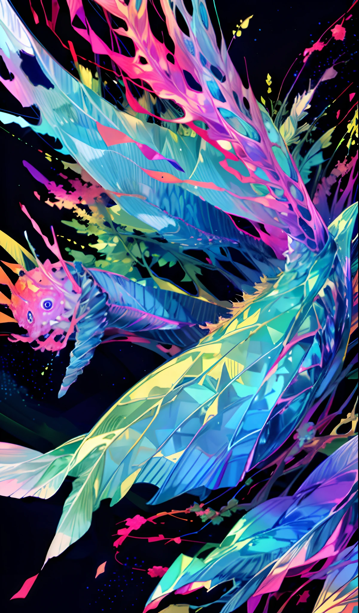 Cute iridescent round monster in space、Iridescent grass々Drawing a butterfly flying over the water, Looking up at the starry sky. Surround her with colorful nebulae and colorful forests.