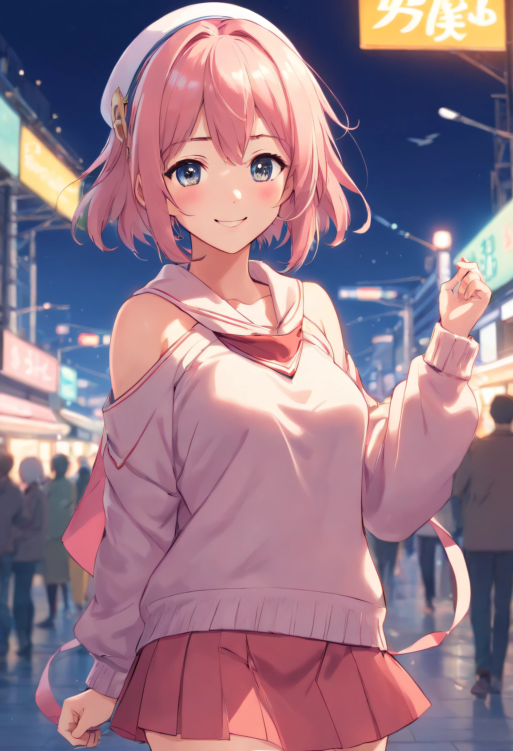 masterpiece, highres, 1girl, goddess of victory: nikke, pepper_(nikke),  ペッパー(勝利の女神_NIKKE), ulzzang-6500-v1.1, beautiful face, detailed face, pink hair, bangs, headphones, gloves, blue neckerchief,  sweater, thighs, blush, smile,  large breasts, full body, bare shoulders, eyebrows visible through hair, headgear, long hair, looking at viewer, sweater dress, standing