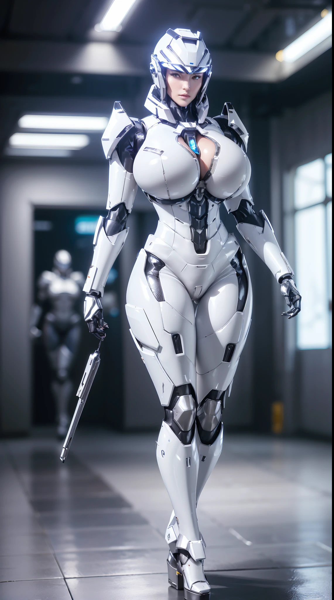 (1GIRL, SOLO), (super detailed face), (mecha headwear:1), (BIG BUTTOCKS, 11 LINE ABS, HUGE BOOBS:1.4), (MECHA GUARD ARM:1.3), (BLACK,WHITE, SHINY MECHA CYBER ARMORED SUIT, CLEAVAGE, MECHA SKINTIGHT SUIT PANTS, DIAMOND CORE IN ARMOR, MECHA GUARD ARMOR LEGS, HIGH HEELS:1.5), (MUSCULAR BODY, SEXY LONG LEGS, HALF BODY:1), (LOOKING AT VIEWER:1.3), (famale focus:0.786), (WALKING DOWN HALLWAY OF FUTURISTIC SPACE STATION:1), (BRIGHT LIGHTING:1.5), PHYSICALLY-BASED RENDERING, ULTRA HIGHT DEFINITION, 16K, 1080P.