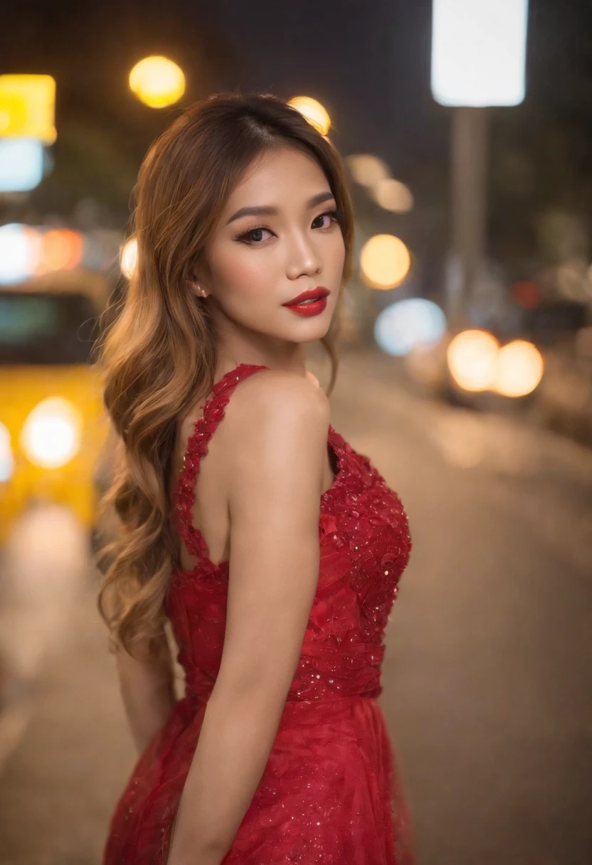 Night Light,hyper detail,Ladyboy,brown skin,Golden Hair,Dark makeup,Wearing a red evening gown...,Wear rainbow high heels...,Step out of the taxi.,Mobile Phone Talk