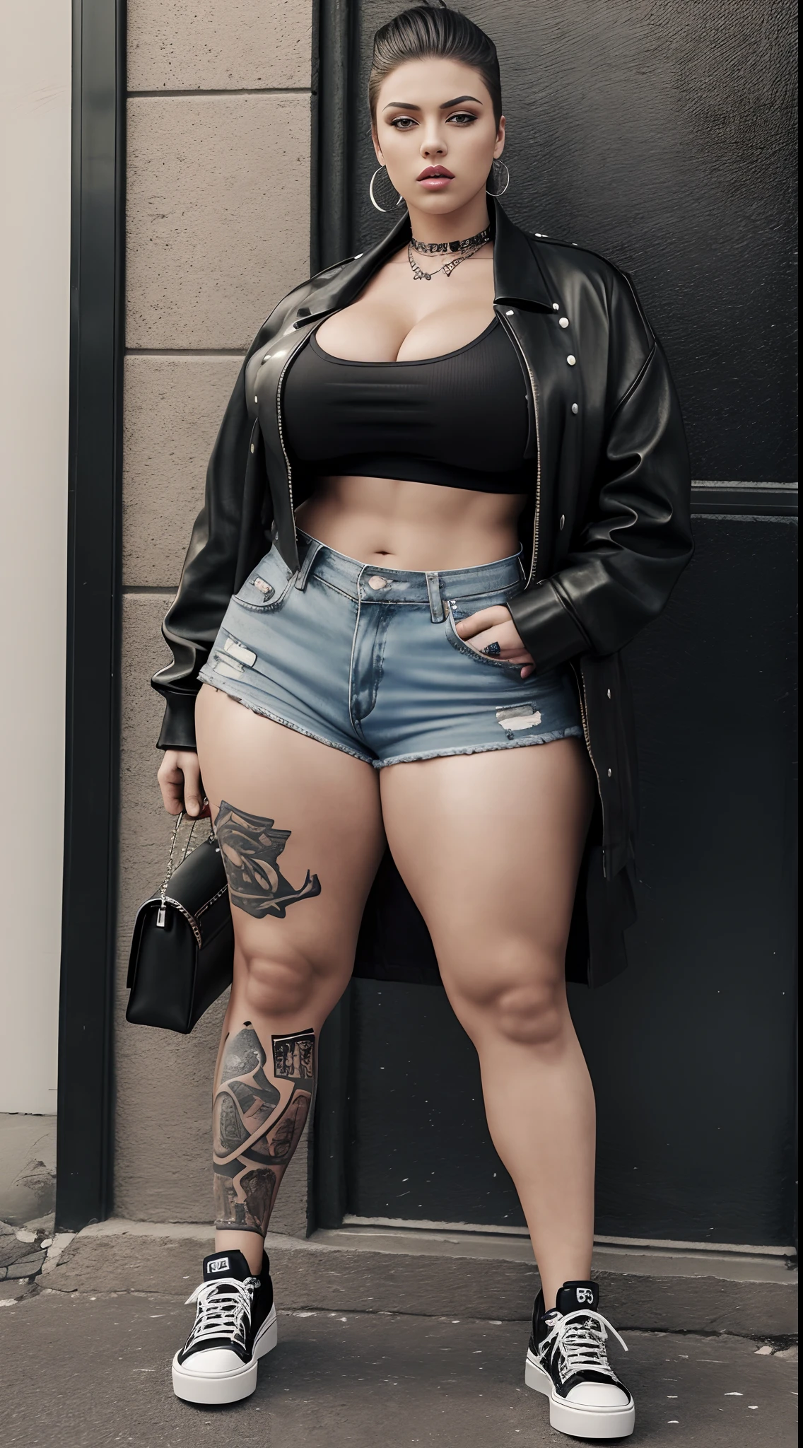 An arrogant person, extremely hyper, Busty and sexy people,badass, And the arrogant female Chav rapper,With the edge of a tomboy. Overwhelming presence. Extremely tall, tall and strong,Extremely tall,Extremely tall,Huge muscular arms covered with tattoos,Wide muscular shoulders,High uplift,Oversized long breasts,super gigantic breasts,Long cleavage,Pronounced abdominal major tune,Wide crotch,Exaggerated huge fat buttocks,Extremely long legs,Strong and powerful big thick legs,Stand confidently with your head held high, She is strong, The perfectly tailored punk-inspired hairstyle reflects her bold personality. She wears loose clothing, Scream West Side gang hip-hop swagger edgy streetwear. Punk-style shoes,Her tattoo is a canvas for her rebellious spirit, Tell street stories. Loose and loose pants ride low, Exposes hints of her street attitude. Her pants hung low,Wear a cool pair of punk-style shoes,At the same time DJ DJ,full body shot shot。