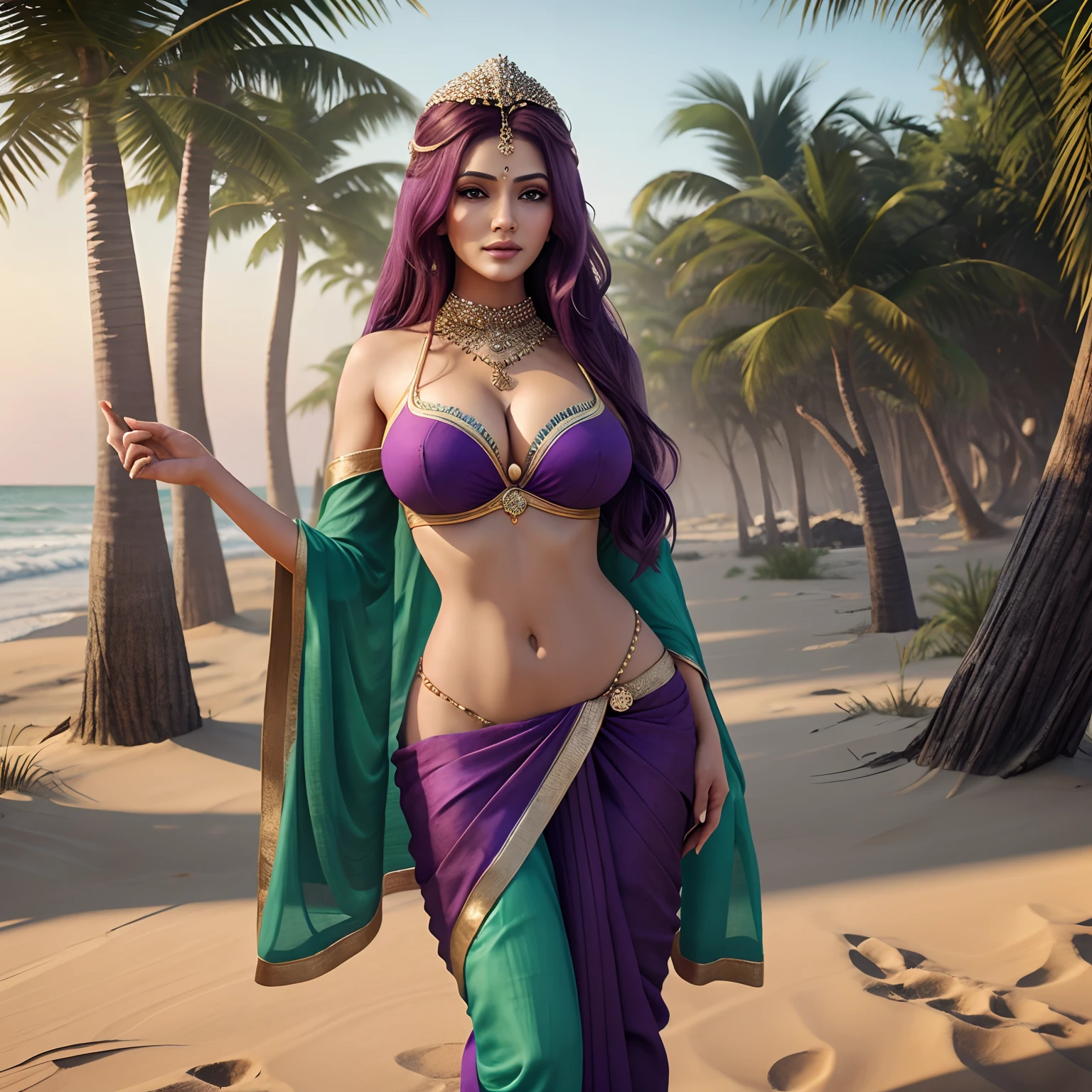 (Milf:1.5), there is a woman standing on the beach in a saree, a digital painting inspired by goddess lakshmi, cgsociety contest winner, Fantasy art, god of wealth and prosperity , Dawn CGSOCIETY, a beautiful fantasy empress, Long purple hair,Full body CGsociety, cgsociety 8k, cgsociety 8 k, cgsociety 8k, cgsociety contest winner!!, details face, details skin texture, details clothes
