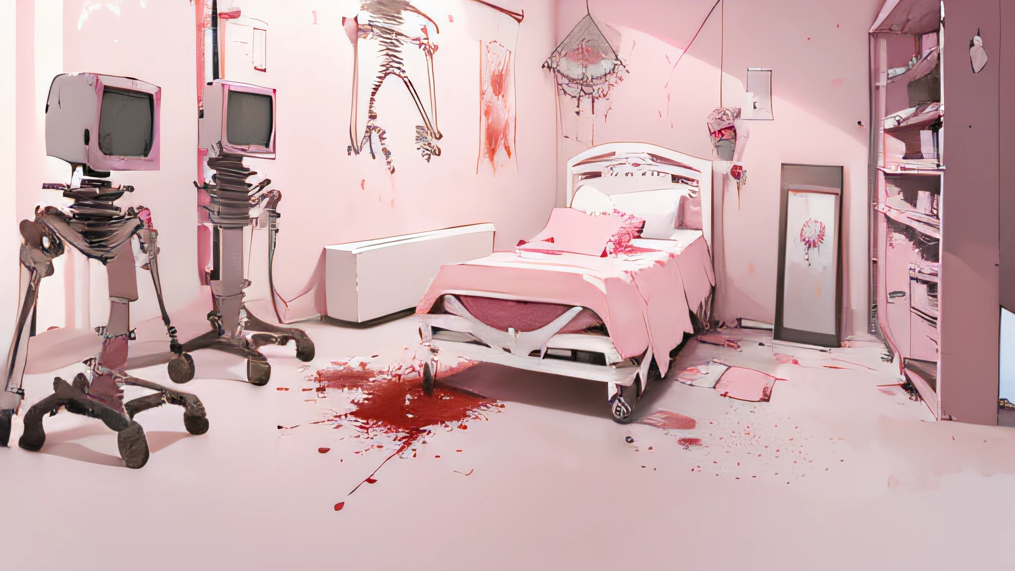 Pink tones,Light pink operating room,Exaggerated stacked dolls,Bloody handprint horror wallpaper,Lots of medical equipment,Medical instruments,Skeleton dolls,Needle,dreamy and detailed,blood vess,Scary atmosphere,wide angles,Empty