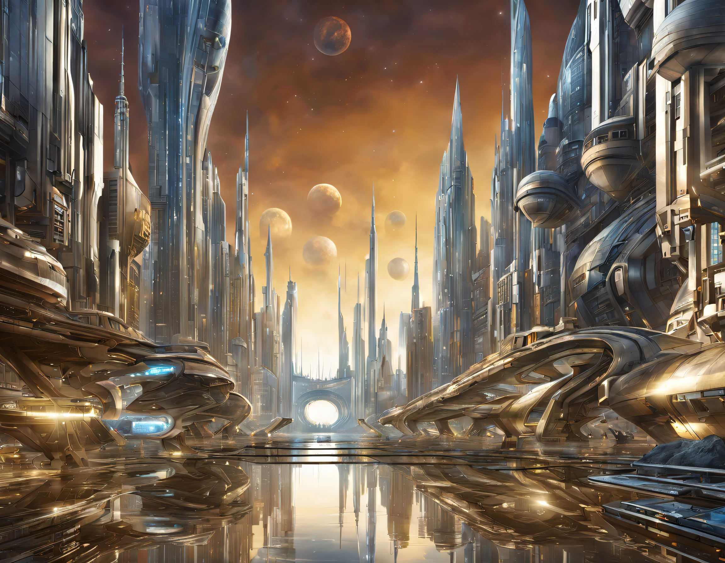 On an unknown planet there is a fantasy futuristic city with immense buildings of technological design que forman una infinita avenida, con estructuras acristaladas en plata, oro y bronce espectaculares. con colores vivos. pavimento ensolado sin brillo. gente paseando. similar a coruscant. imagen bien definida con muchos edificios juntos.