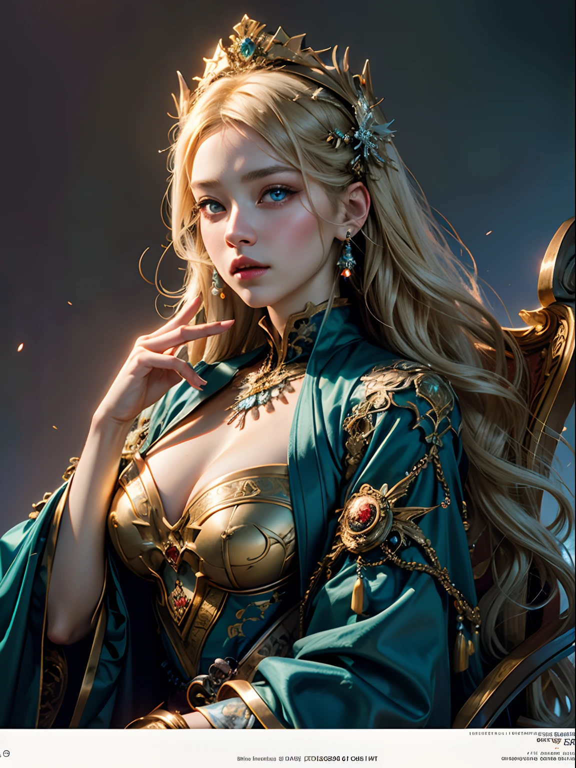 (masterpiece, top quality, best quality, official art, beautiful and aesthetic:1.2), extreme detailed,(fractal art:1.3),colorful,highest detailed, (1girl), a beautiful empress portrait, blonde hair, perfect blue eyes, with a brilliant, impossible striking big Christmas headpiece, clothes Santa robes, everything Christmas, snow, symmetrical, dramatic studio lighting, rococo, baroque, greens, asian, hyperrealism, closeup, D&D, fantasy, intricate, elegant, highly detailed, digital painting, artstation, octane render, 8k, concept art, matte, sharp focus