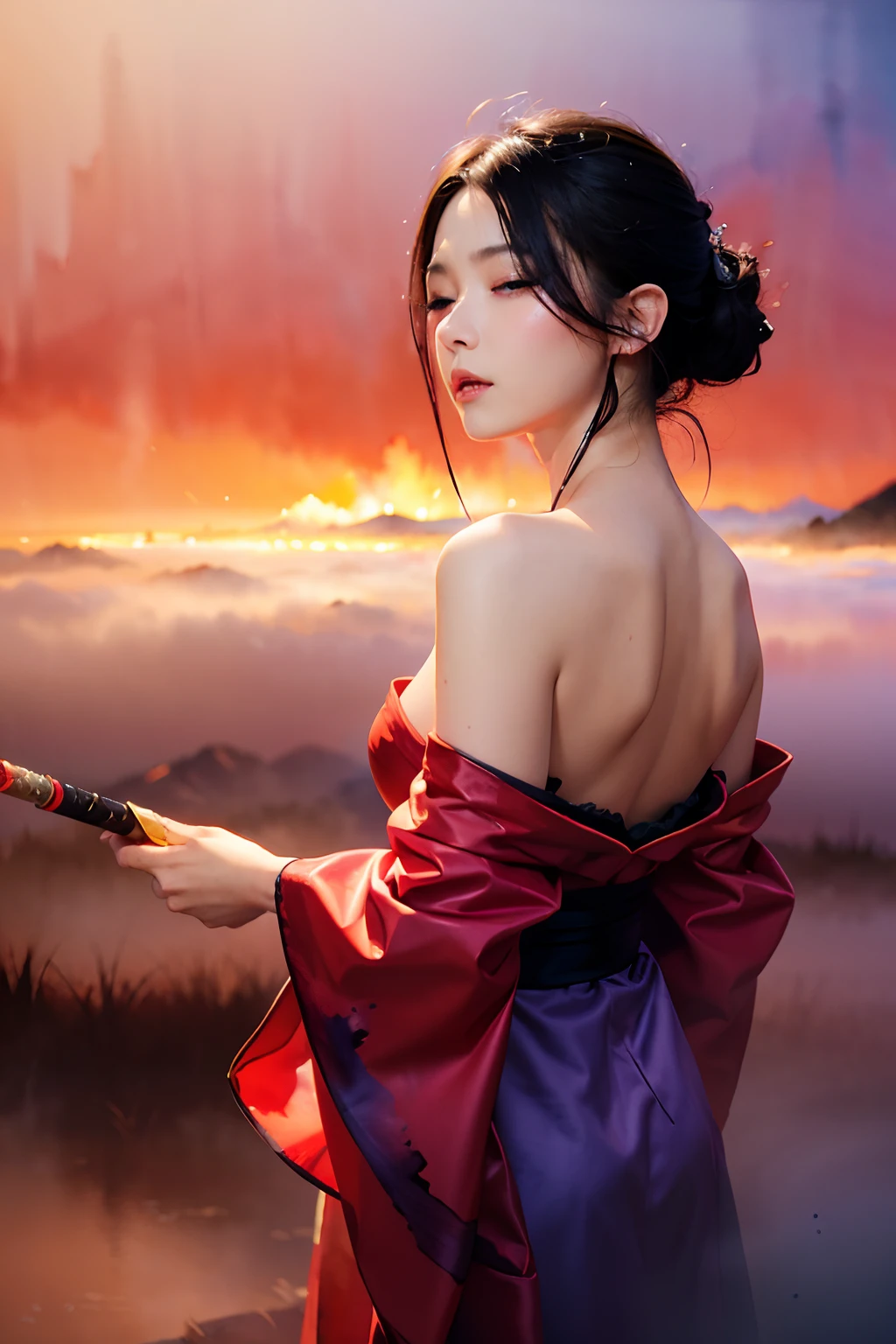 absurdres, (best quality), (masterpiece),(ultra-detailed:1.2),(photorealistic:1.4),(highres),reflection,low angle, sword reflection,samurai, long hair,glowing eyes,red eyes,(half closed eyes:1.4), kimono,strapless, traditional architecture,night,(red moon:1.1),(fog:1.4),(silhouette:0.8) , (expressionless:1.3),(ghost:1.1),red fire,,fantasy, high contrast, ink strokes, explosions, over exposure, purple and red tone impression , abstract, ((watercolor painting by John Berkey and Jeremy Mann )) brush strokes, negative space,