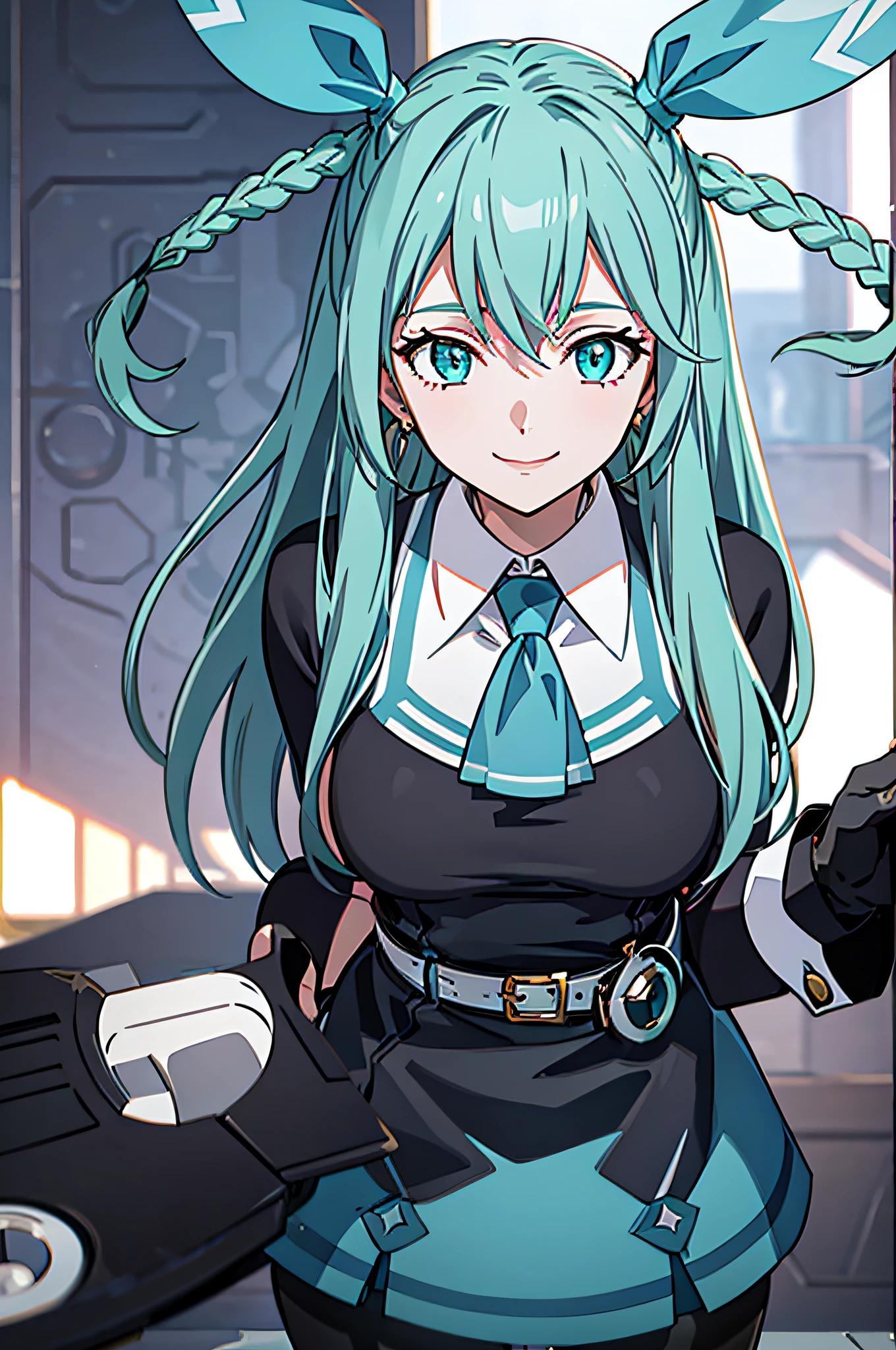 emma, outfit, aqua eyes, earrings, black pantyhose, half gloves, 1girl, solo, upper body, facing viewer, looking at viewer, smile.